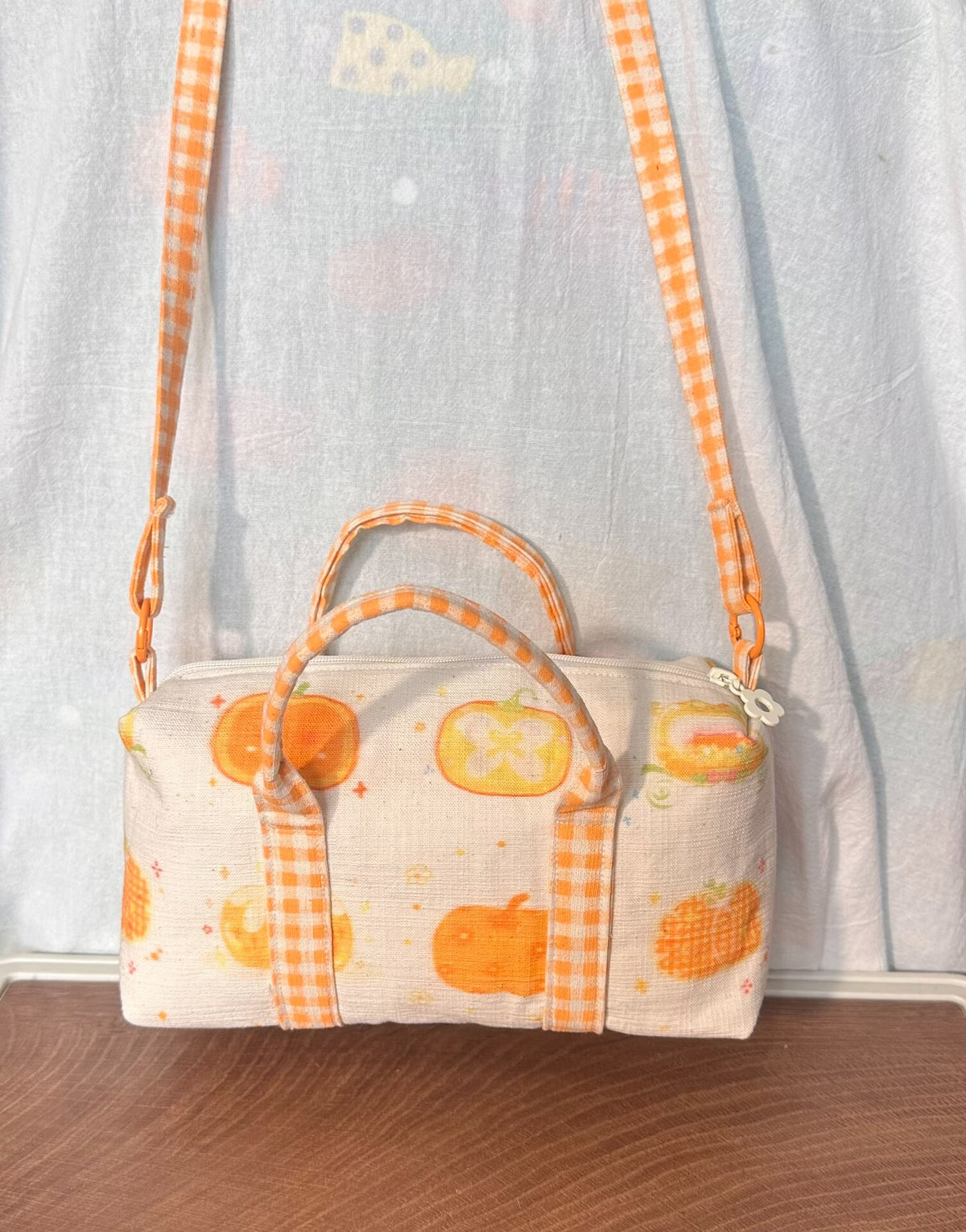 Pumpkin Print Boston Bag with Gingham Straps