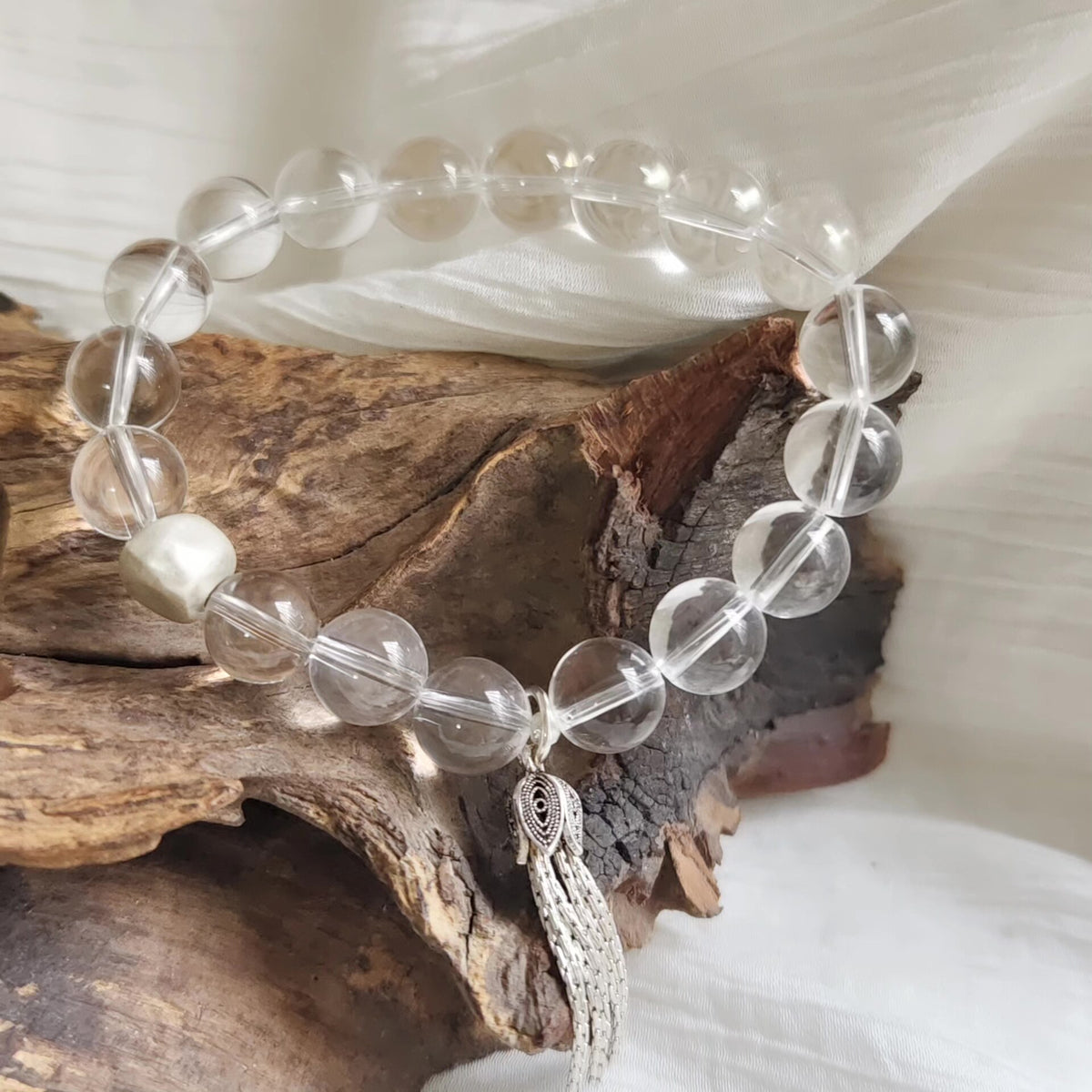 White Quartz Beaded Bracelet with Silver Tassel