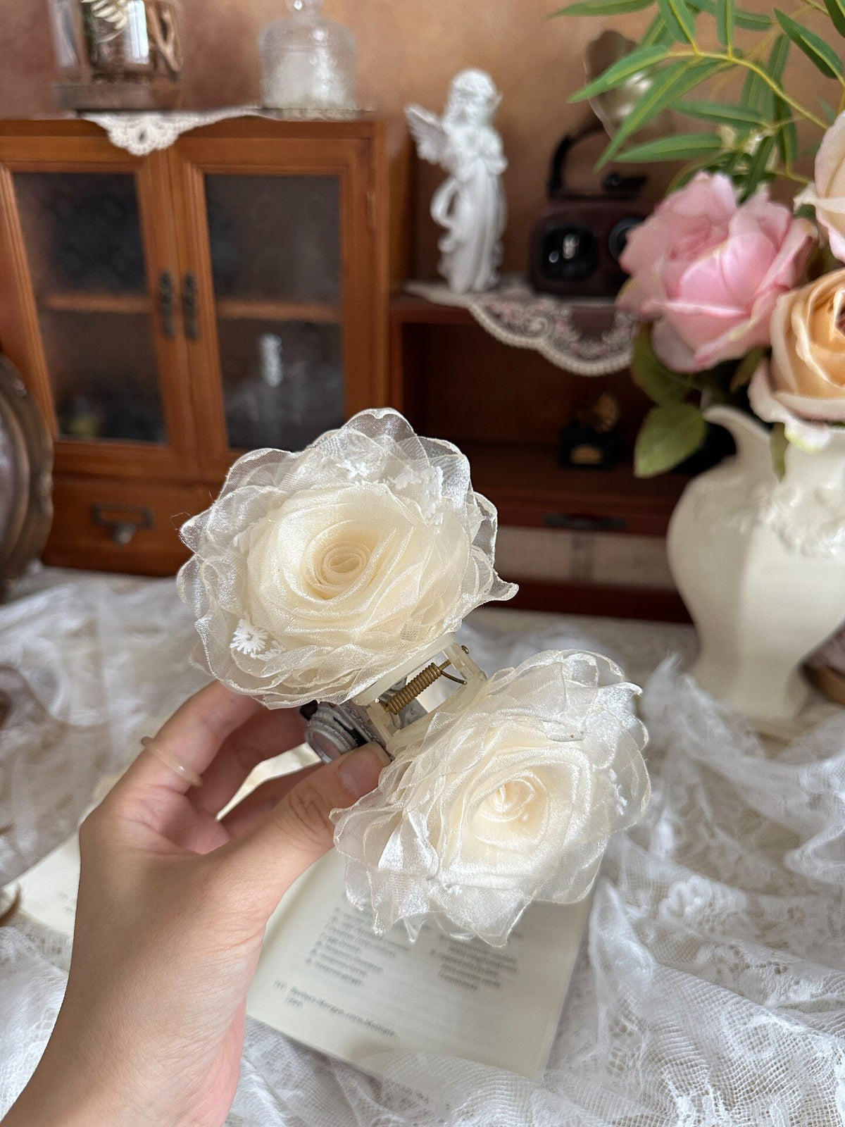 Handmade Fabric Rose Hair Clip Ivory