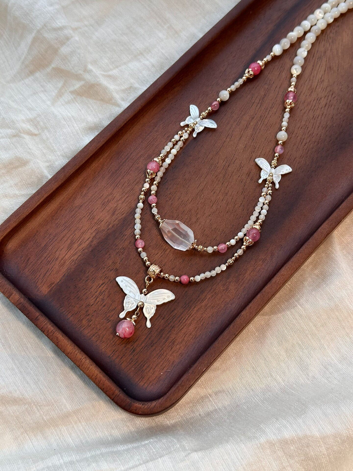 Double Strand Butterfly Mother of Pearl Necklace