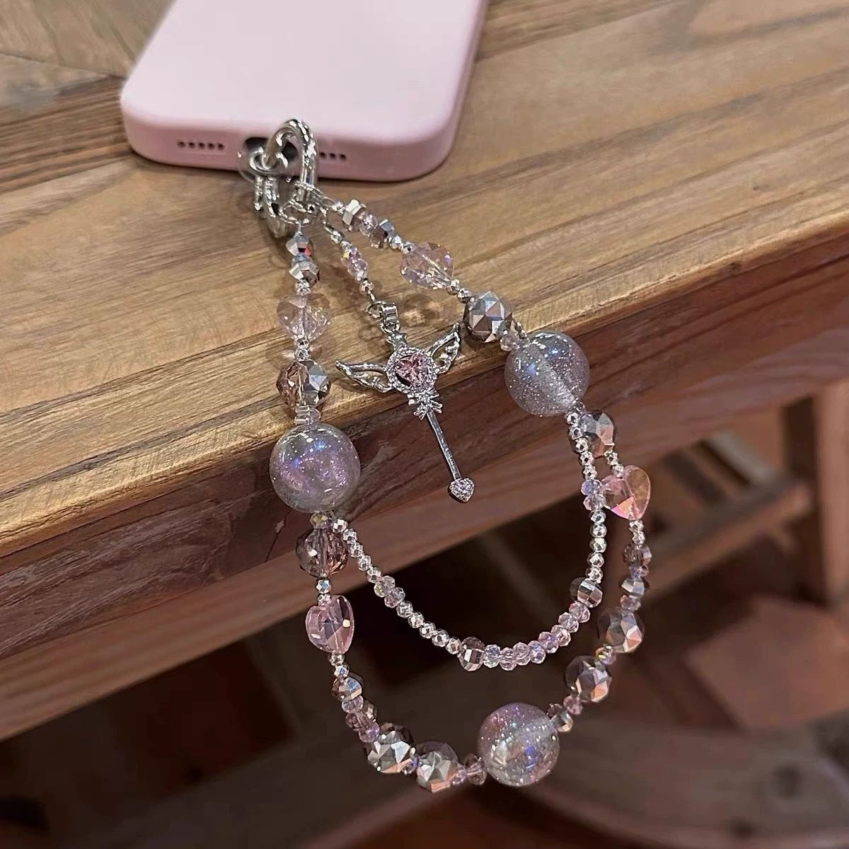 Beaded Phone Charm with Winged Heart