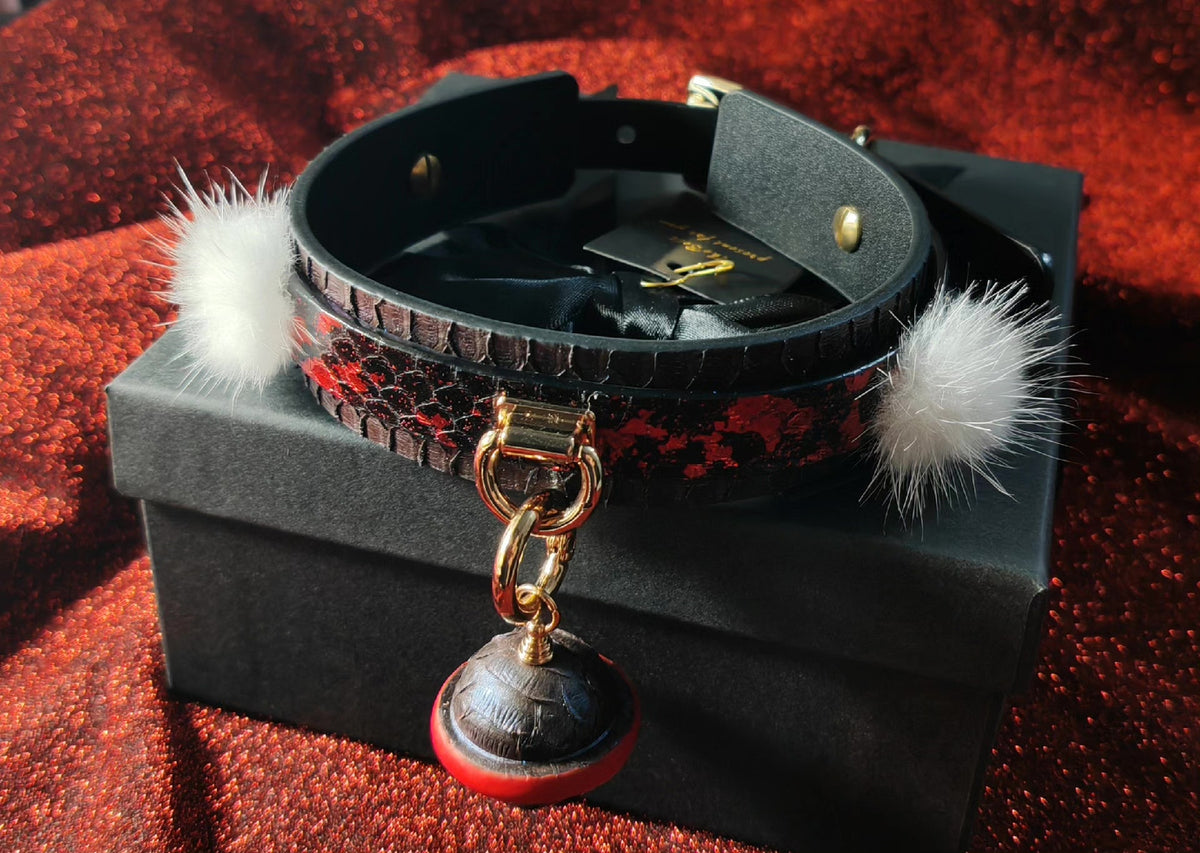 Snake Skin Bell Collar with Pom Poms