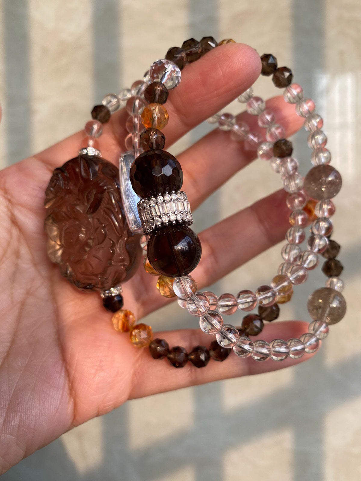 Smoky Quartz Clear Quartz Triple Wrap Bracelet
