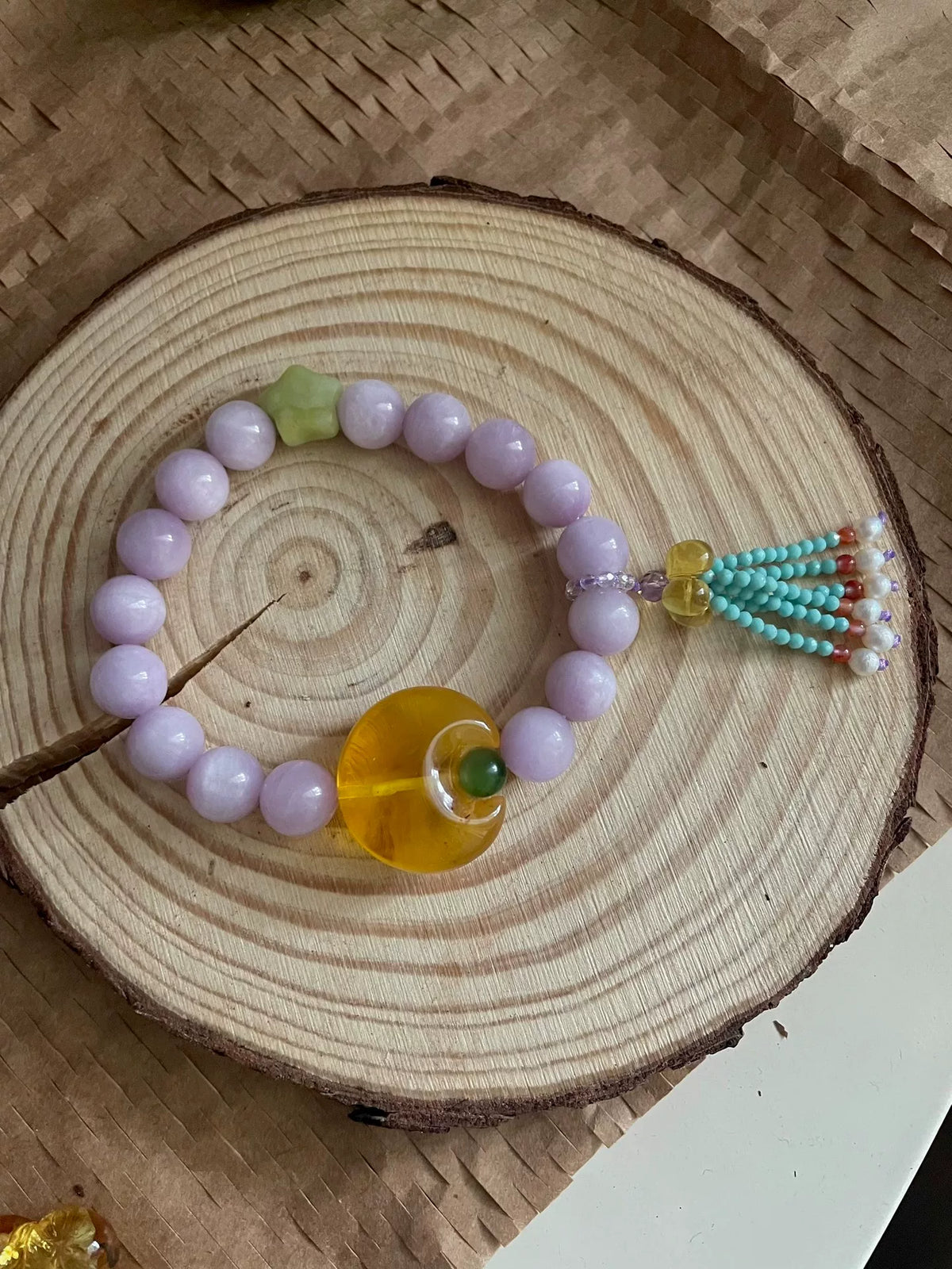 Lavender Kunzite Amber Tassel Bracelet