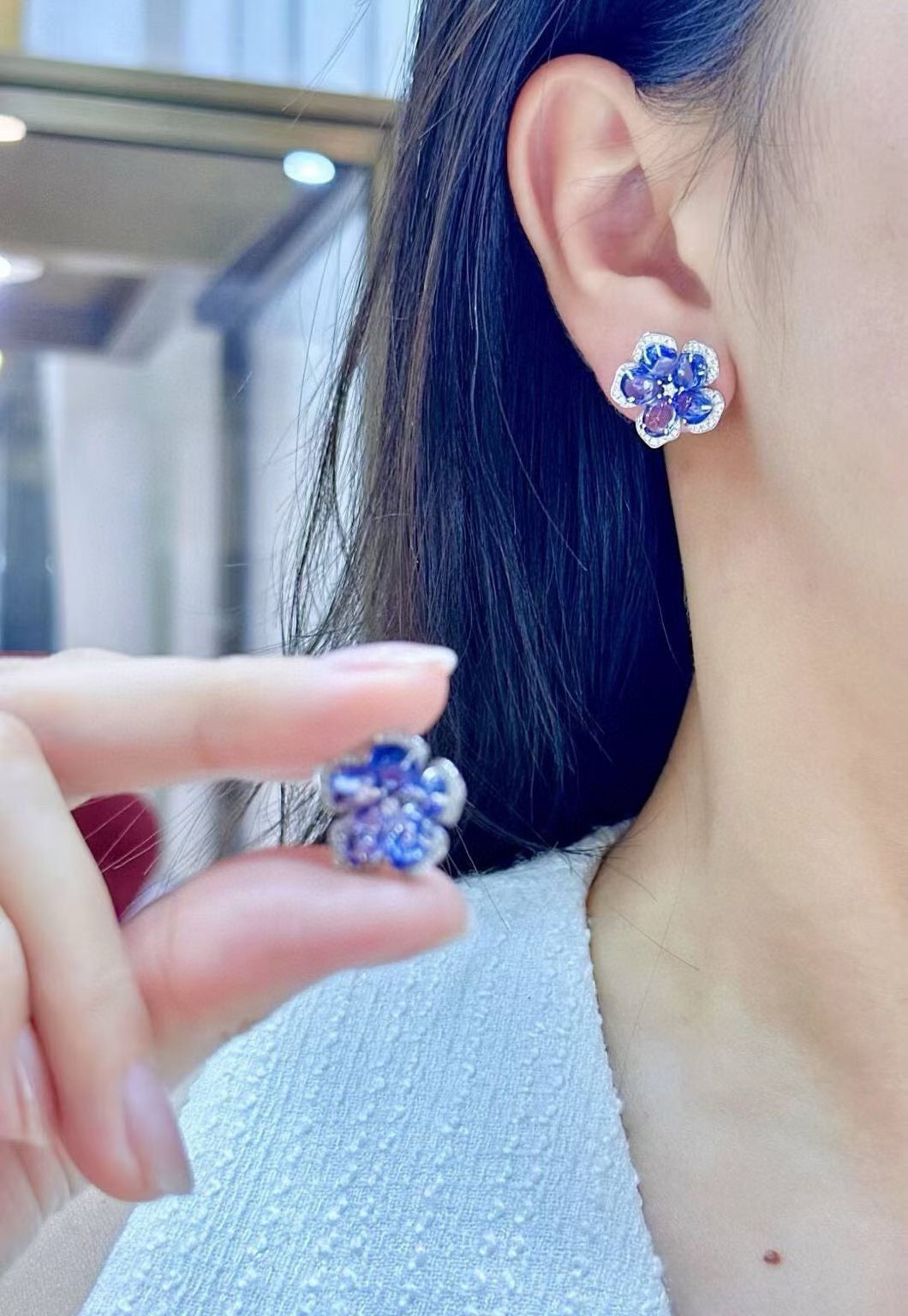 18K White Gold 11.55ct Sapphire and 0.38ct Diamond Five-Petal Flower Stud Earrings