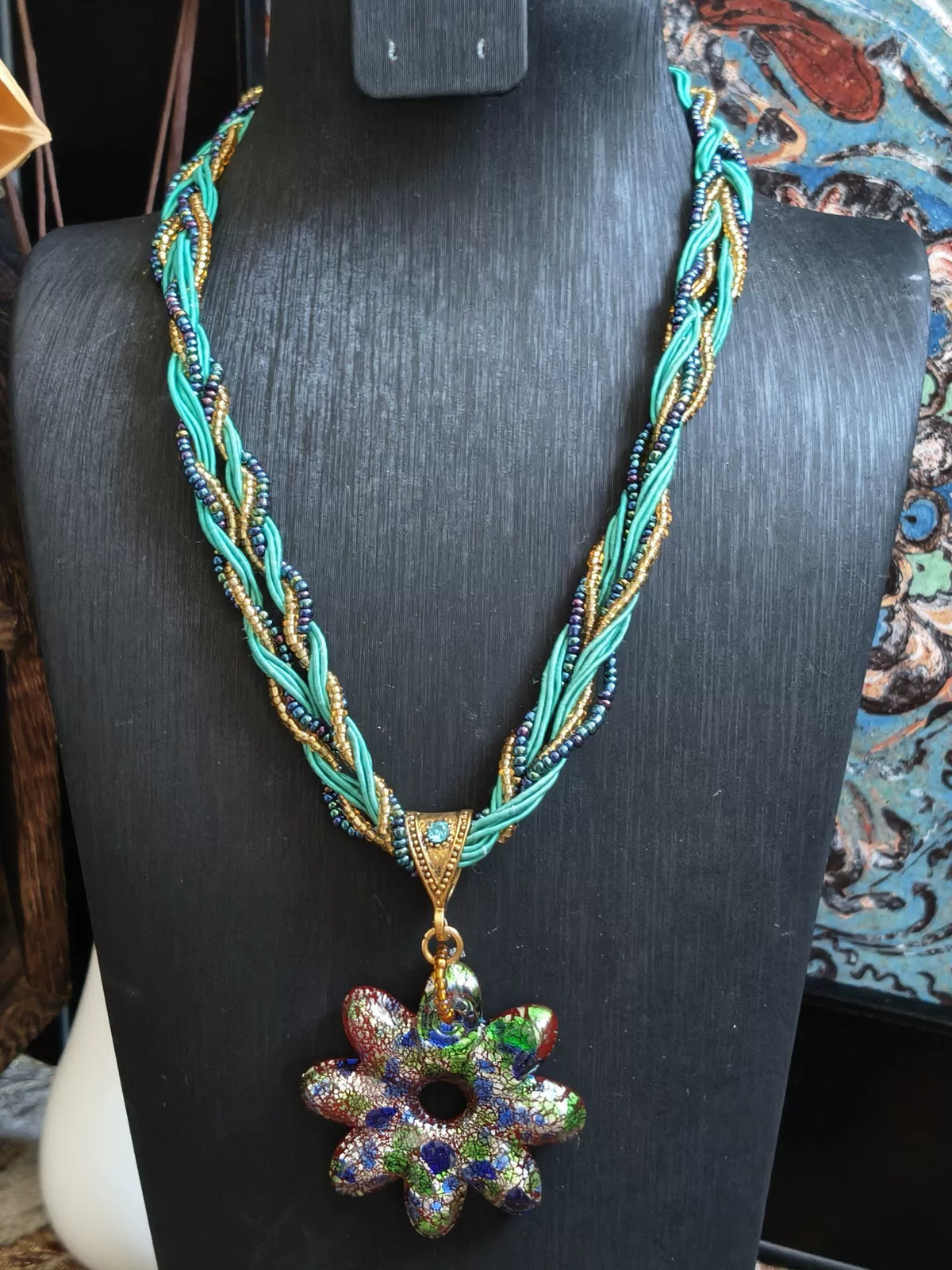 Woven Cord Flower Glass Pendant Necklace