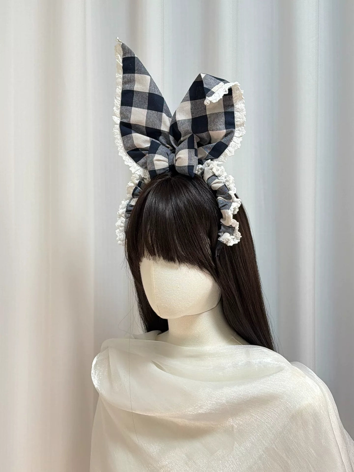 Cerchietto con orecchie da coniglio vichy blu navy