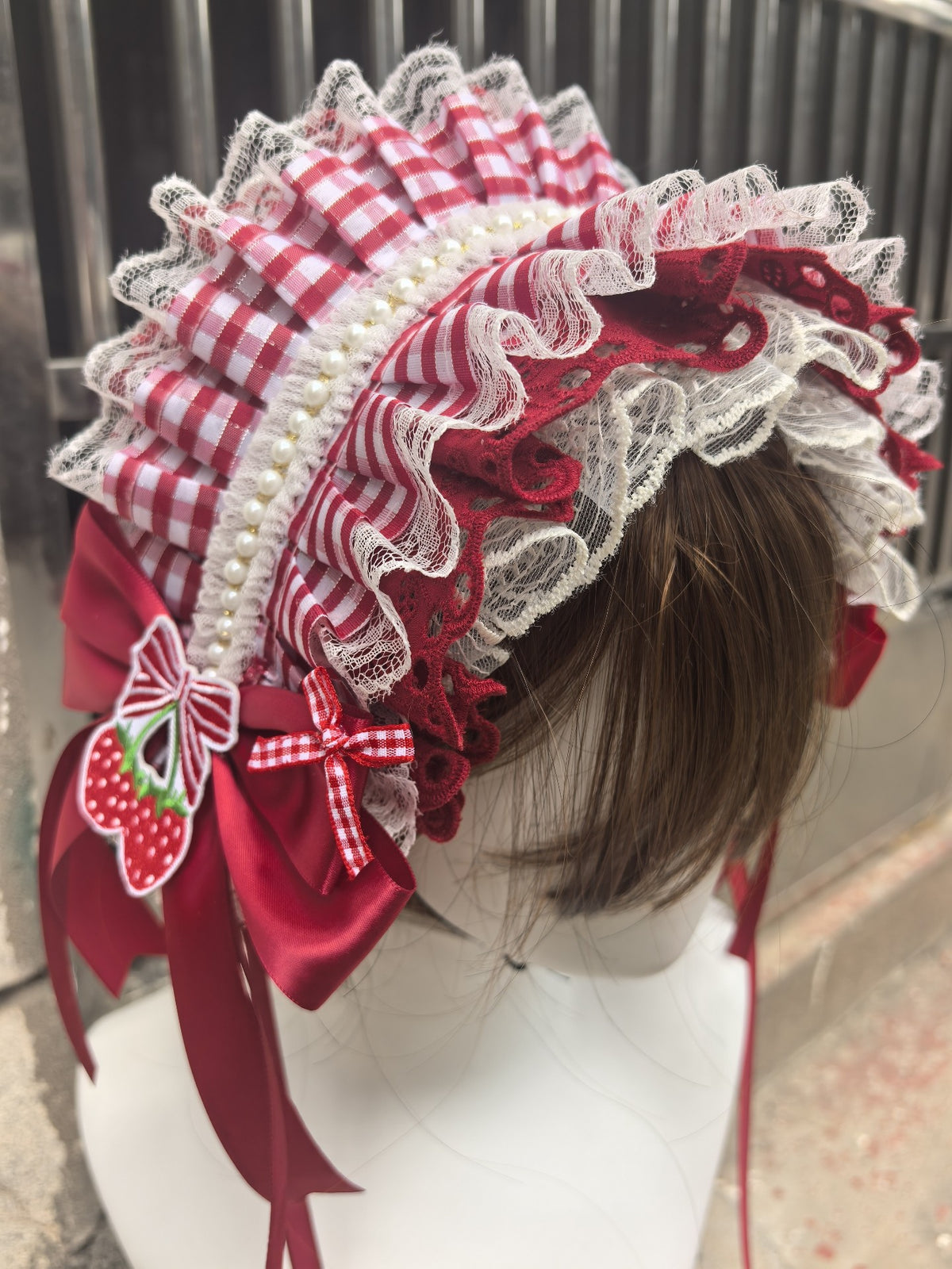 ハンドメイド ロリータ いちご ヘッドバンド 赤ギンガム