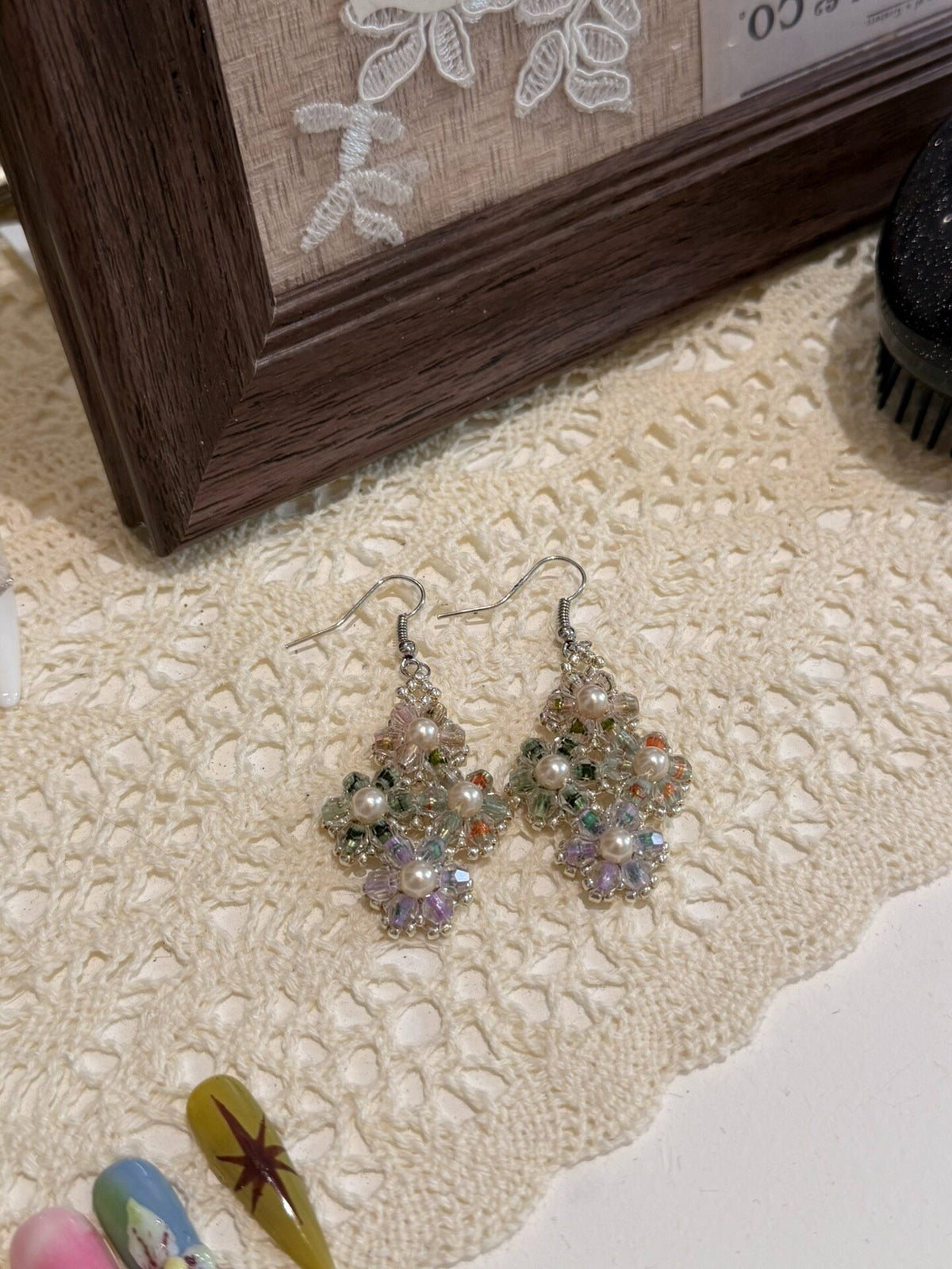 Iridescent Seed Bead Floral Dangle Earrings
