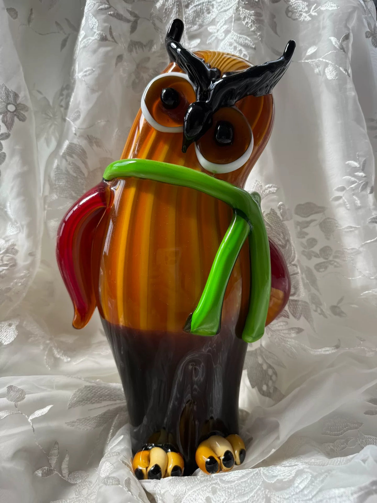 Liuli Glass Owl Figurine with Green Scarf