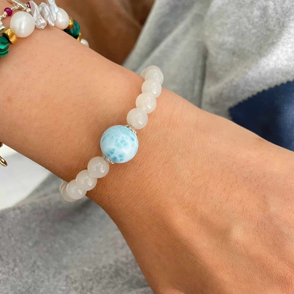 Larimar and Hetian Jade Beaded Bracelet