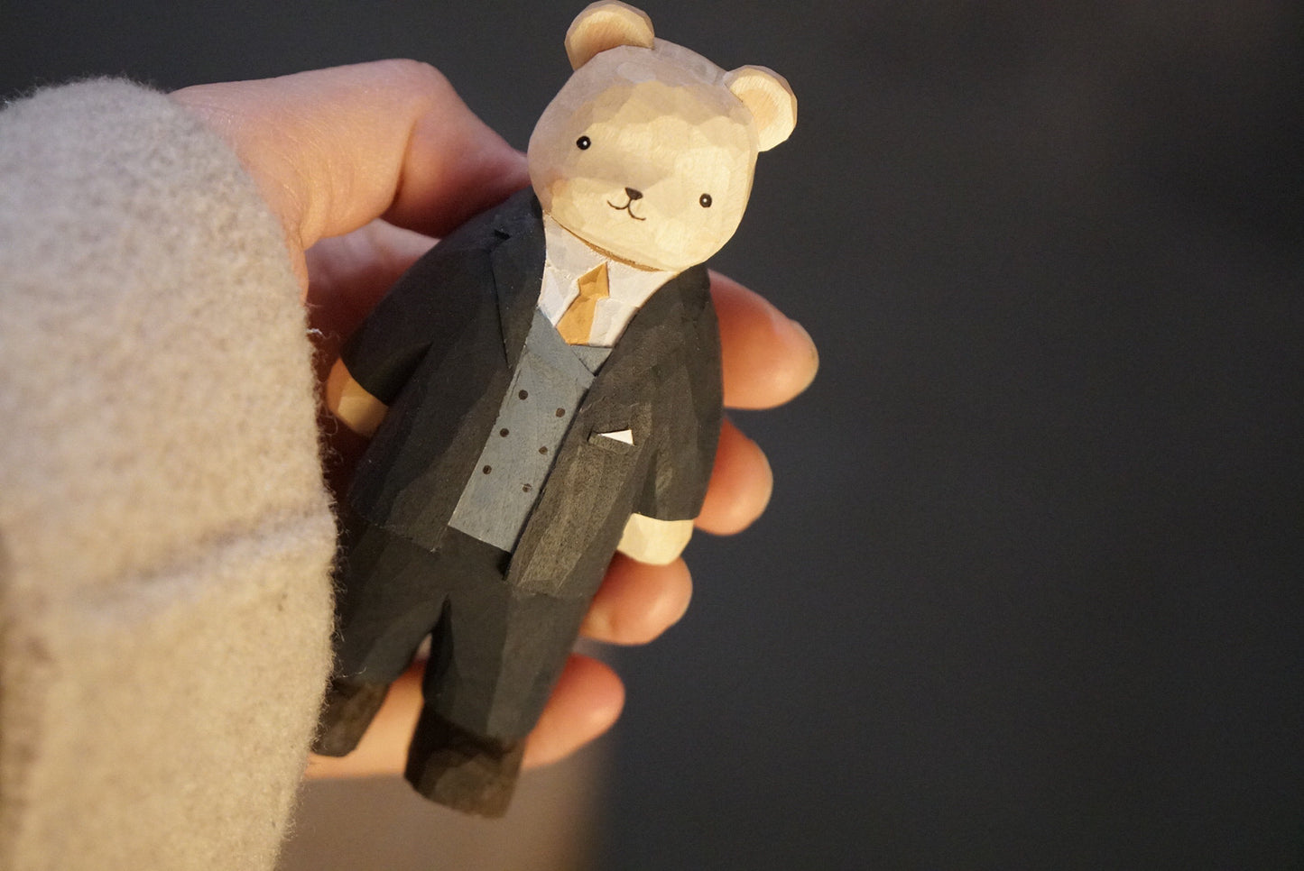 Handcrafted Basswood Bear Figurine in British Gentleman Suit
