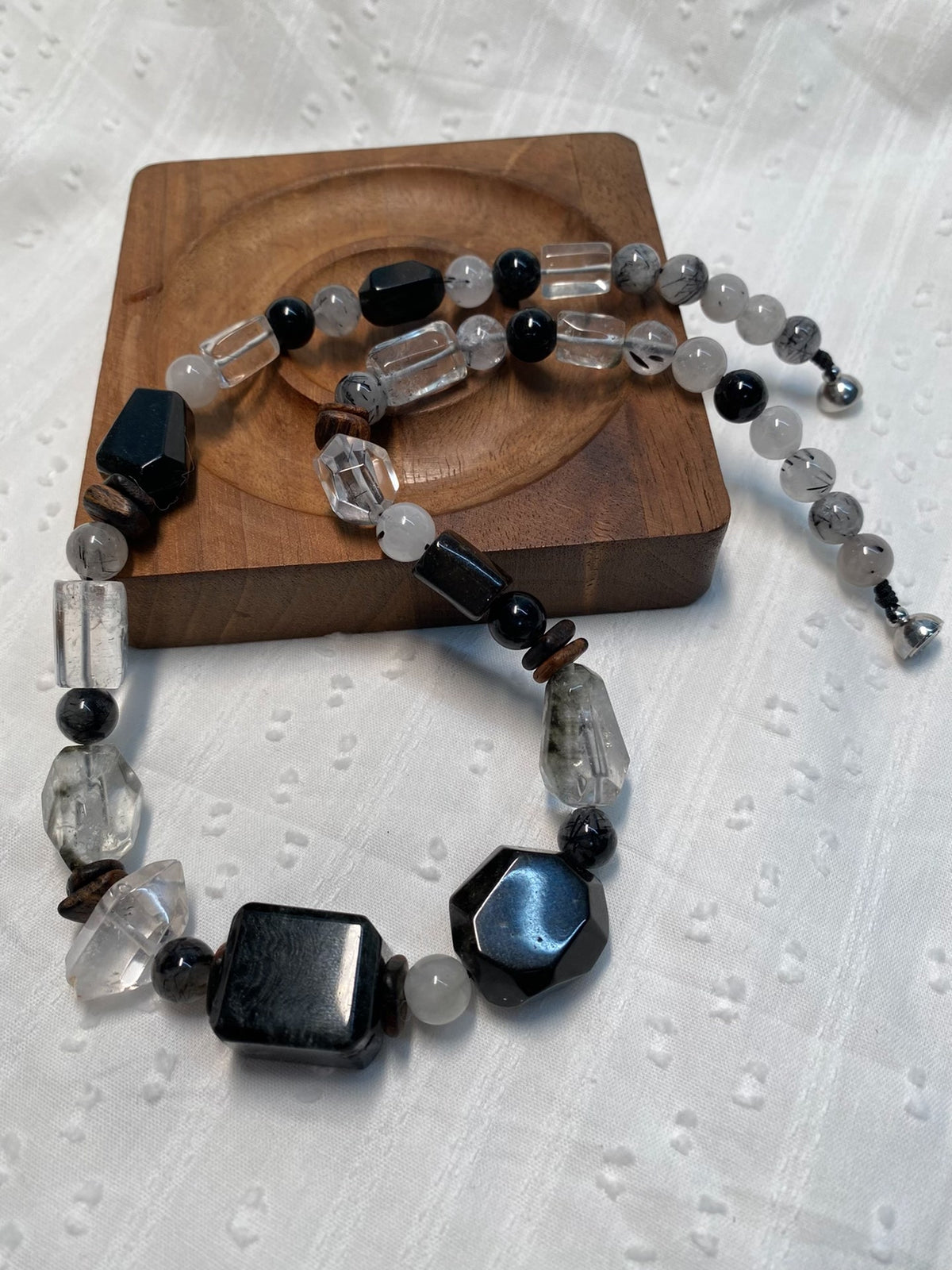 Black Tourmalinated Quartz Wood Bead Necklace