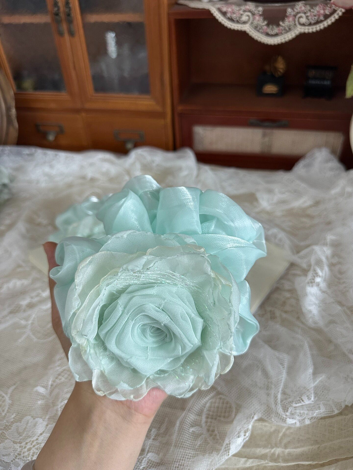 Mint Green Fabric Rose Scrunchie