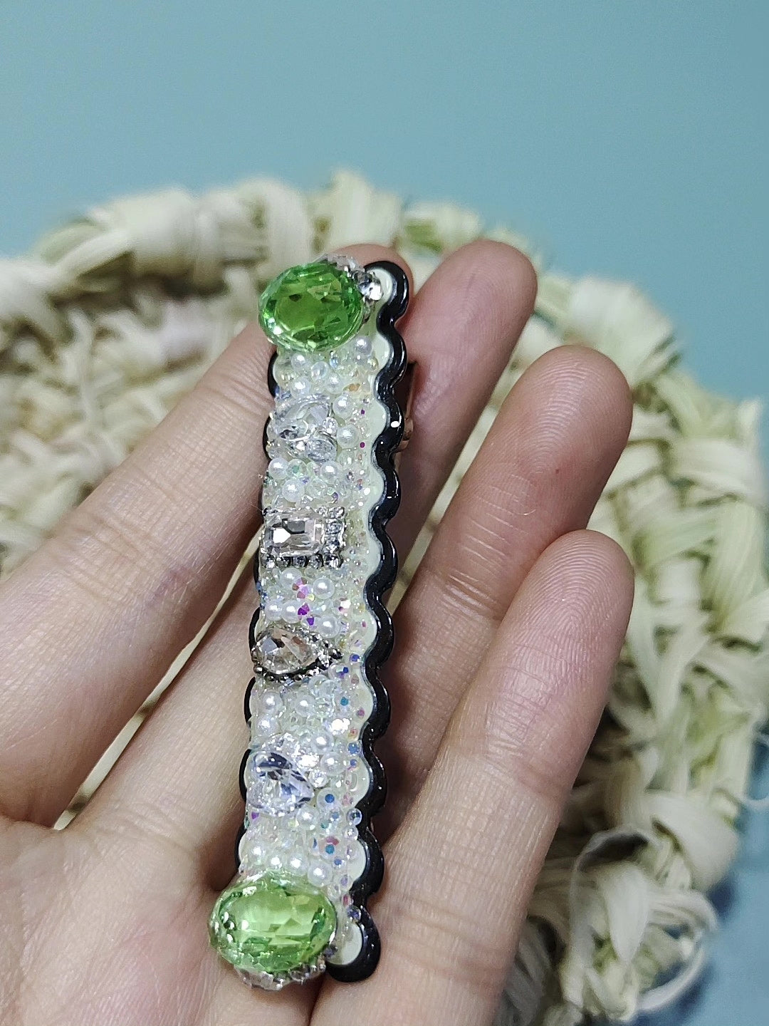 Green Crystal Beaded Rectangular Hair Barrette