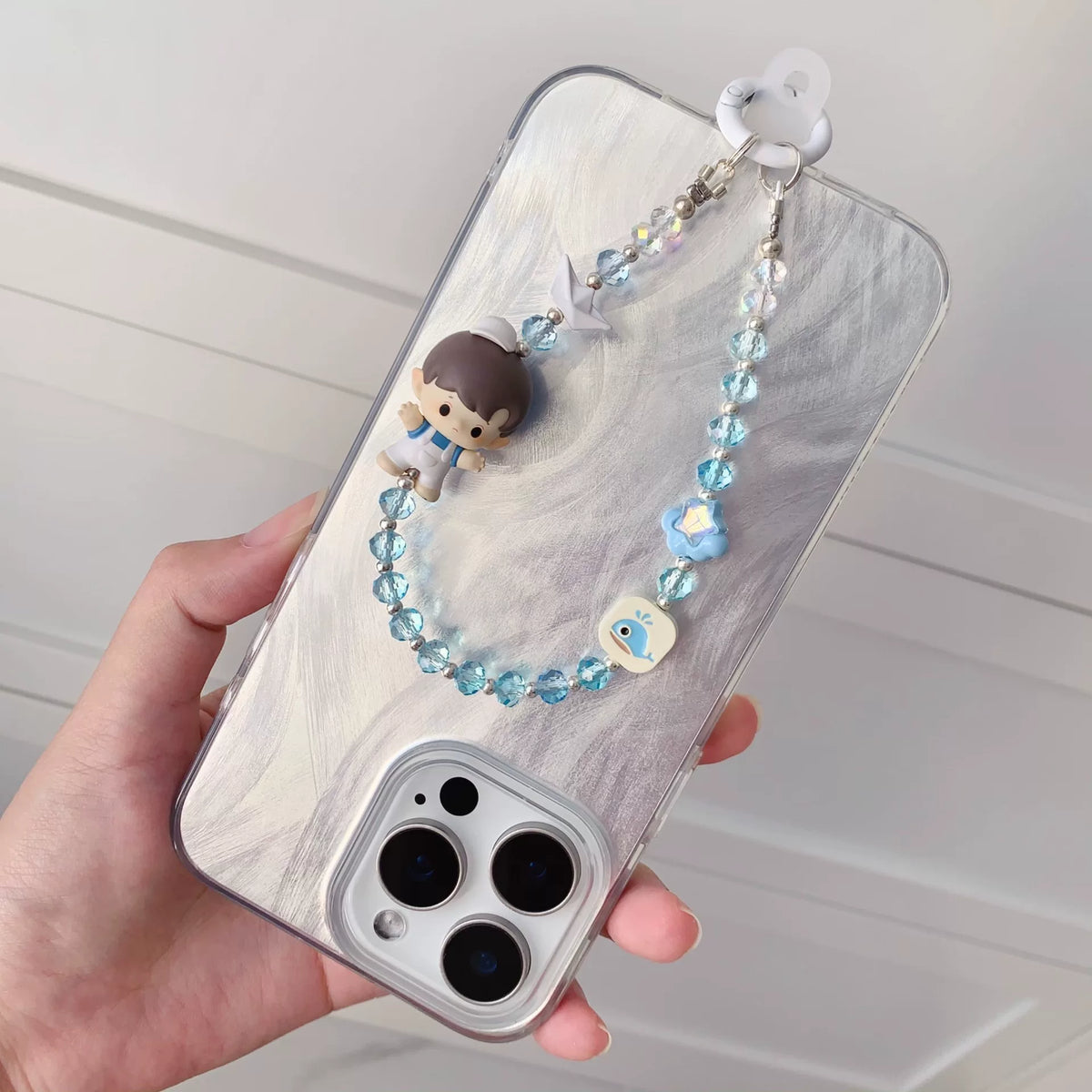 Hacci blå telefonkedja med figur och pärlor
