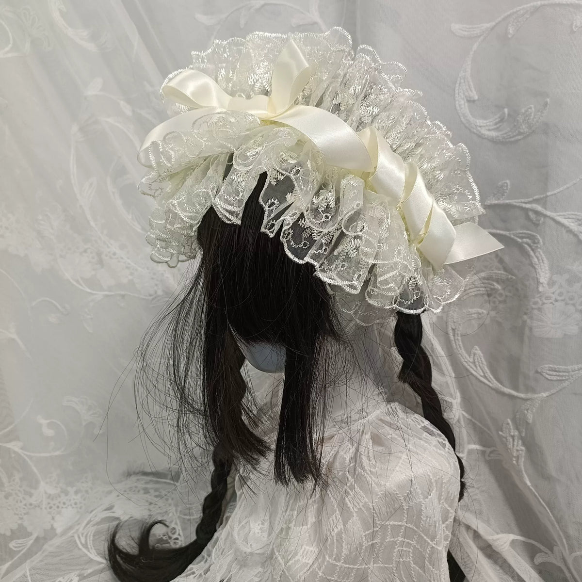 Ivory Lace Ruffle Headband with Satin Ribbon