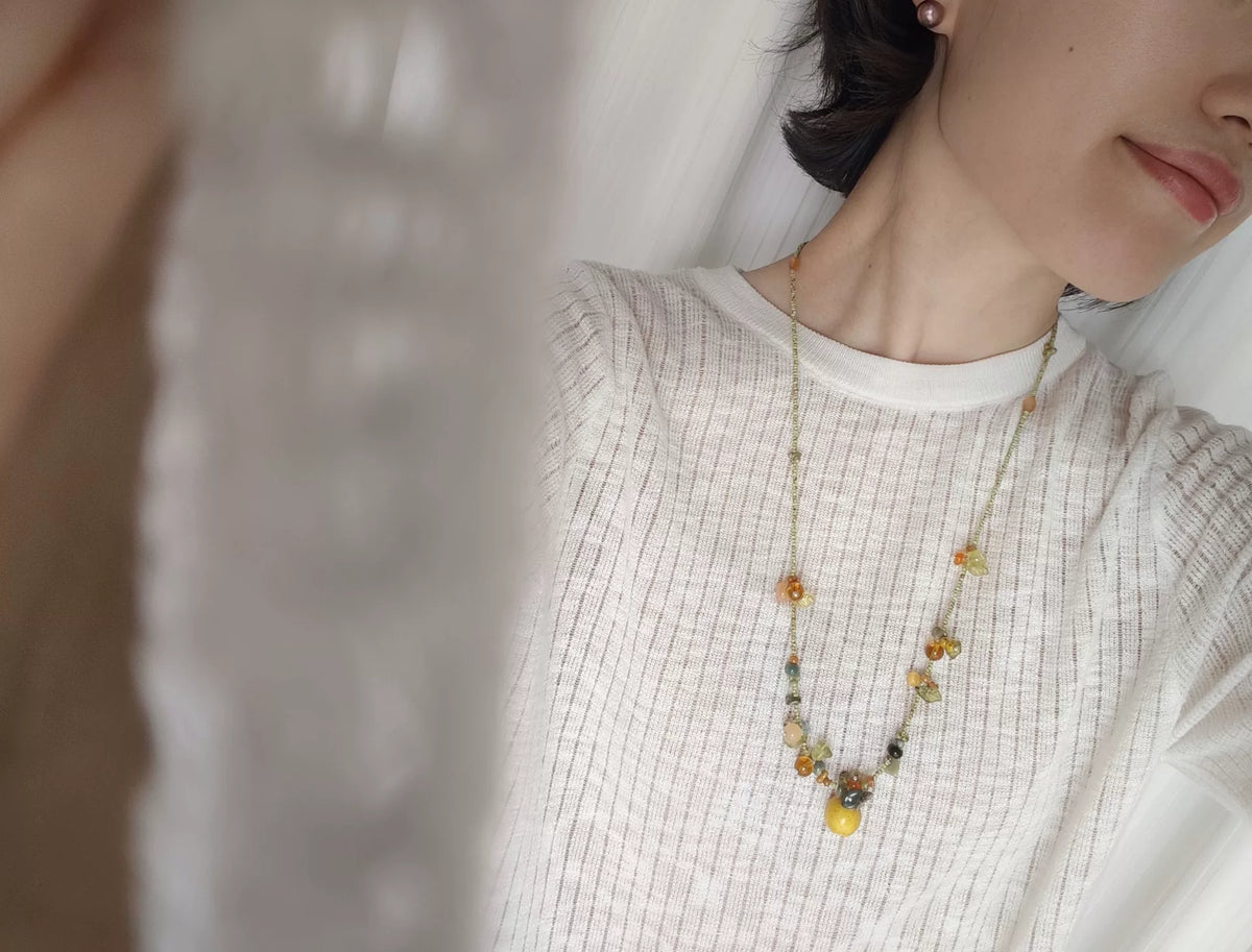 Handmade Beaded Necklace Golden Pear Pendant