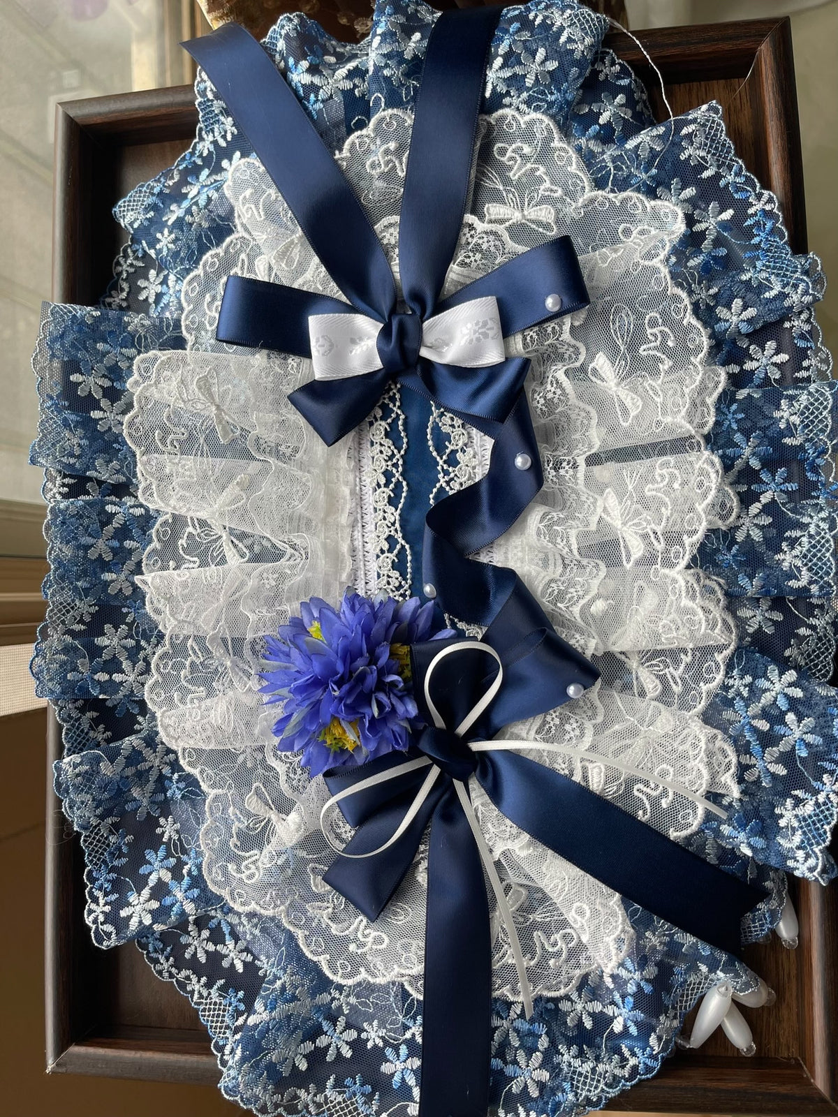 Lolita Blue White Lace Bonnet Handmade