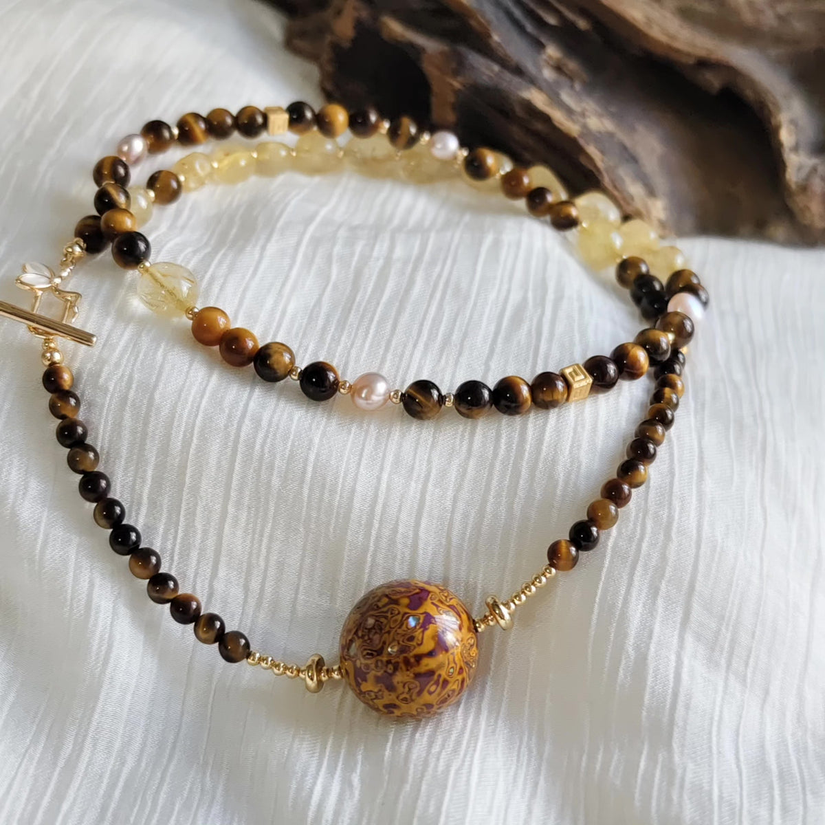 Chinese Lacquer Bead Necklace with Tiger Eye