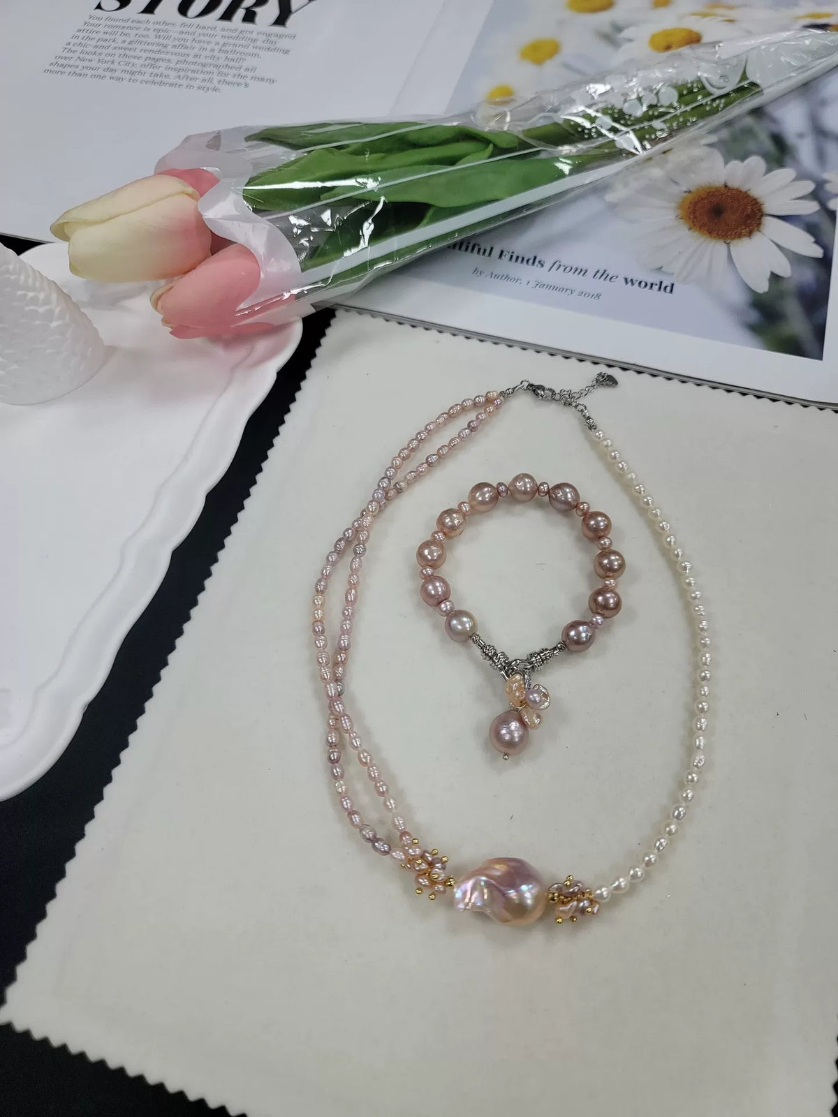 Asymmetric Pink and White Pearl Necklace