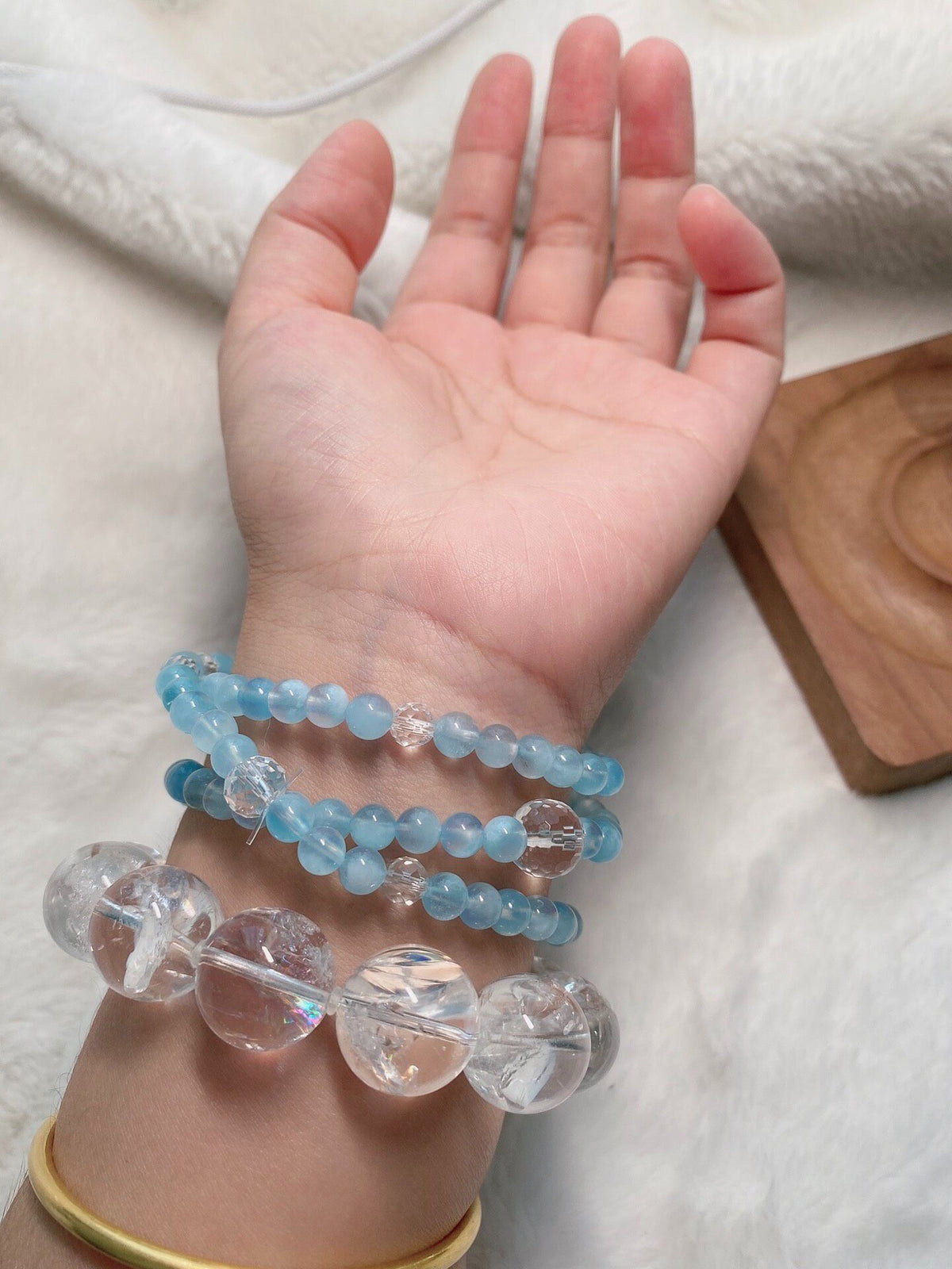 Natural Aquamarine Triple Wrap Crystal Bracelet