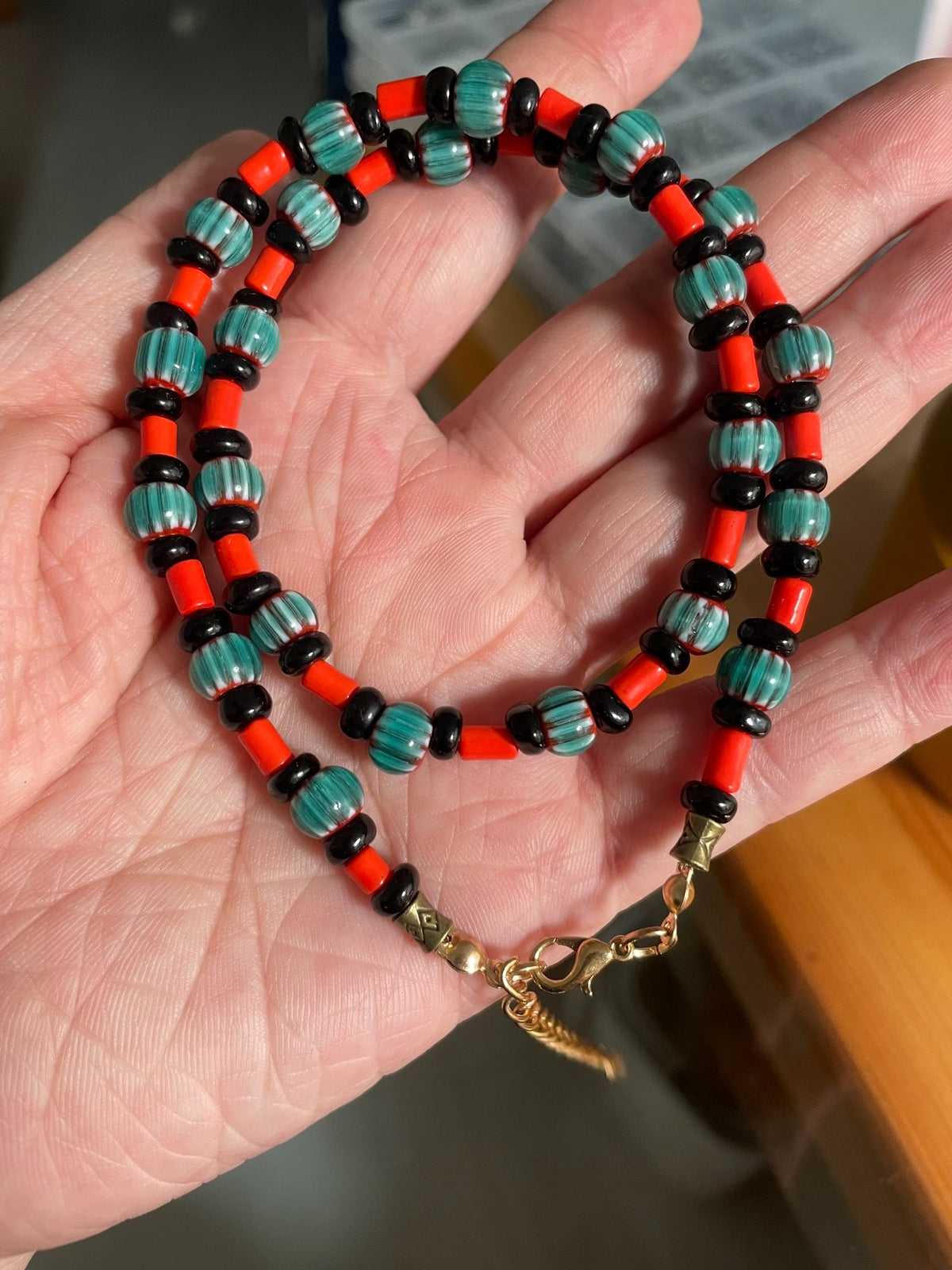 Turquoise Striped Glass Bead Necklace