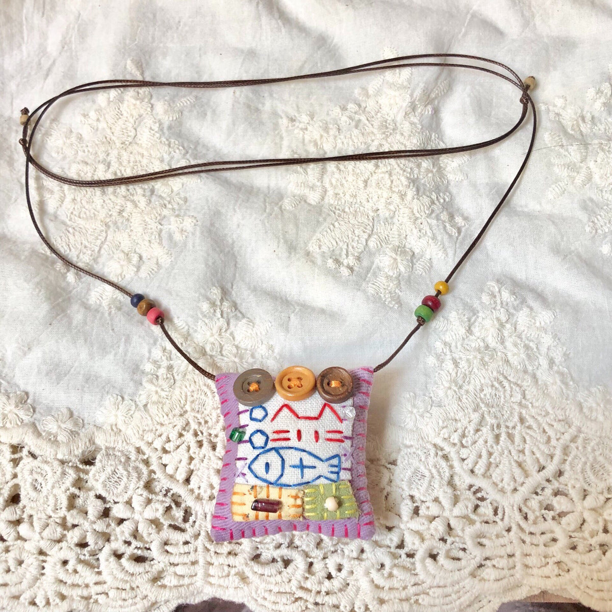 Handmade Fabric Cat and Fish Pendant Necklace