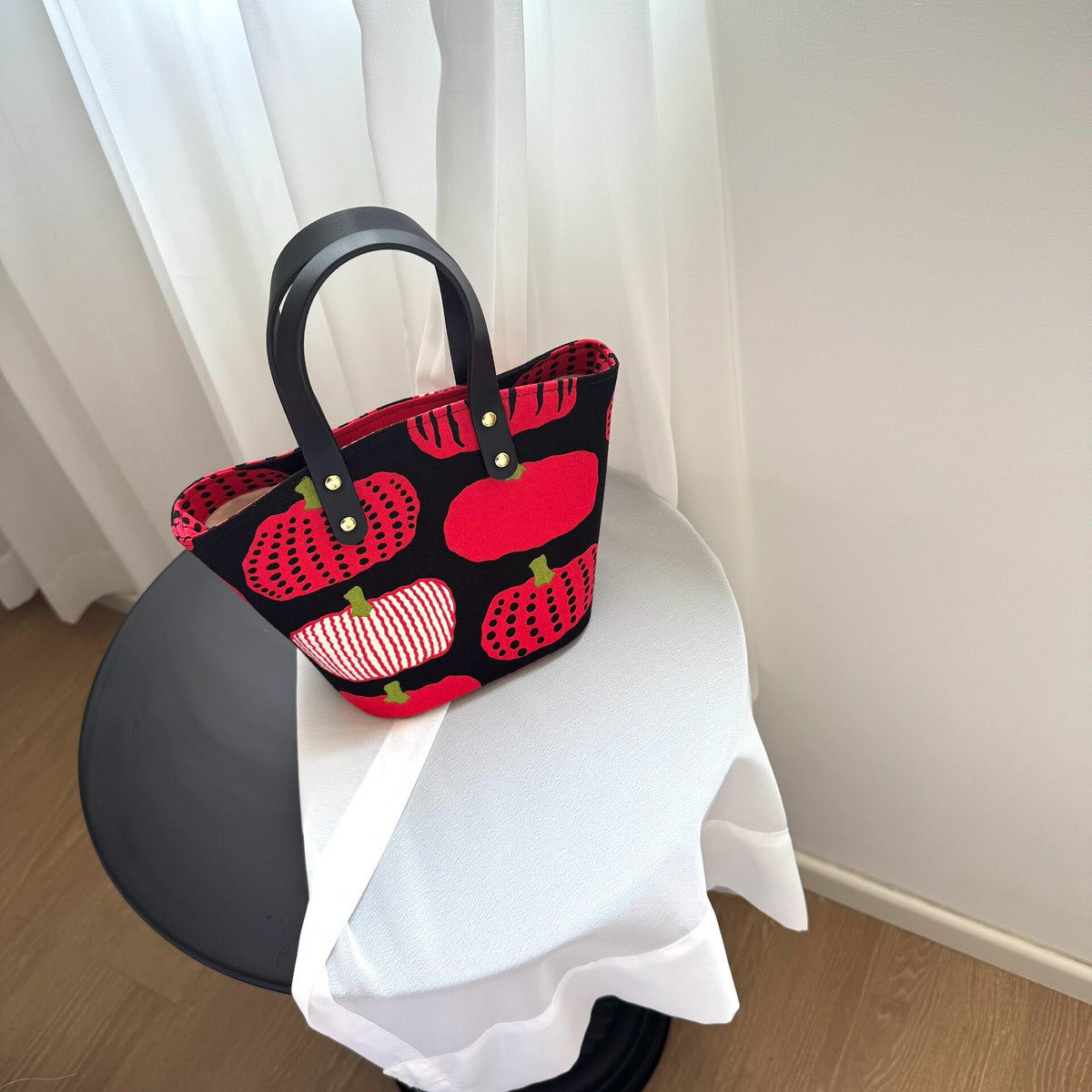 ハンドメイド 日本製生地 かぼちゃプリント レザーハンドバッグ