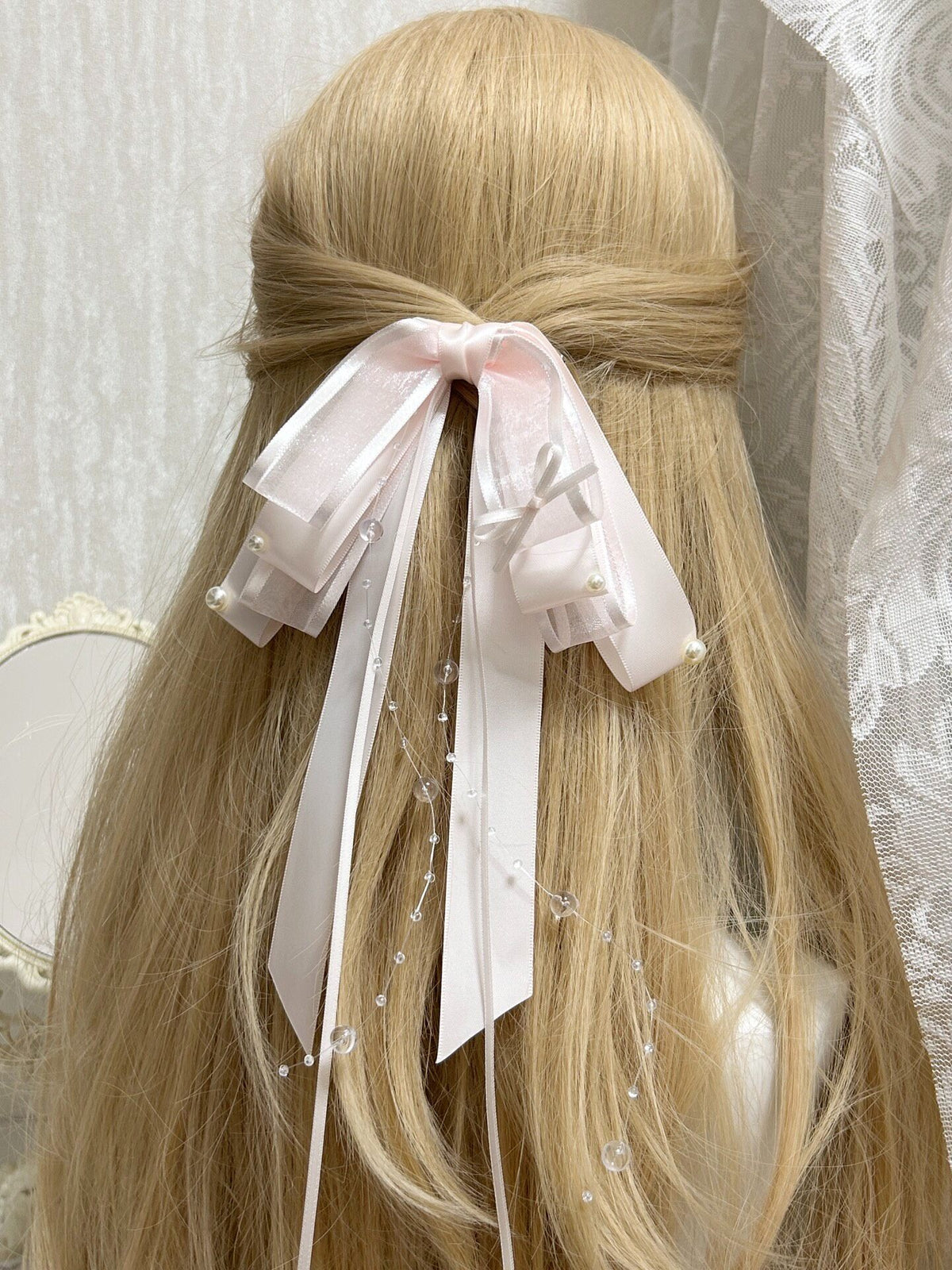 Handmade Lolita Bow Hair Clip with Pearl Beads
