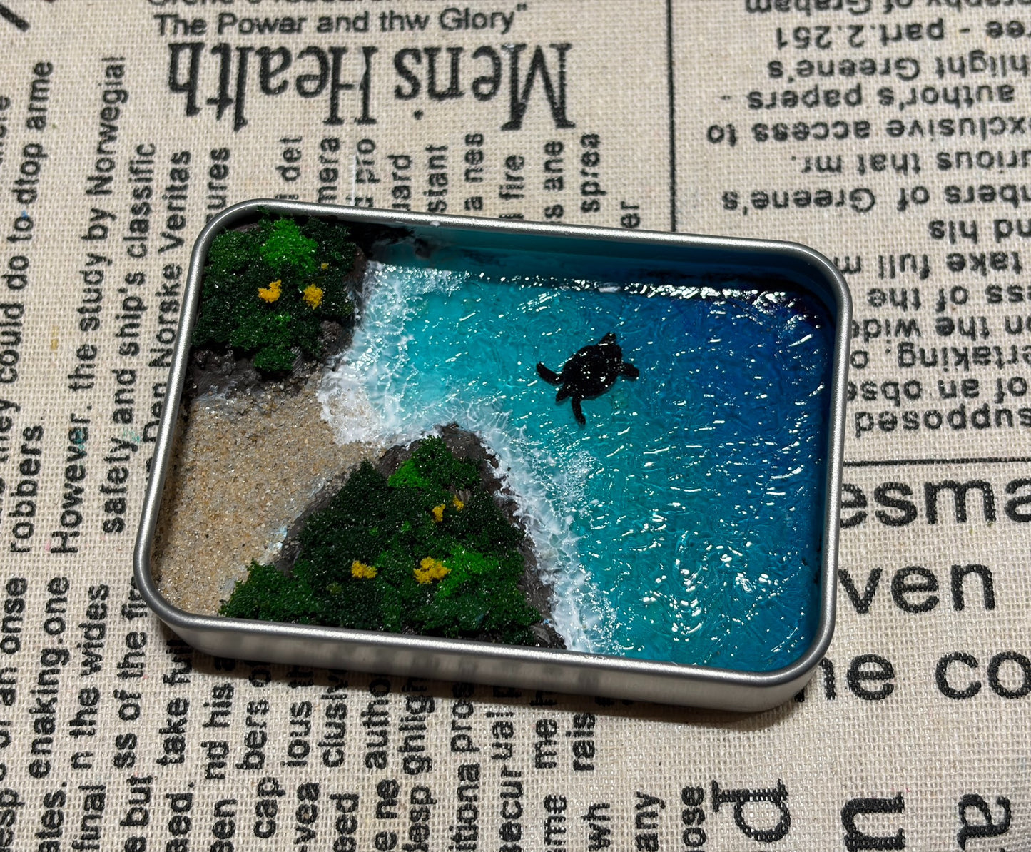 Miniature Coastal Diorama with Turtle in Metal Box