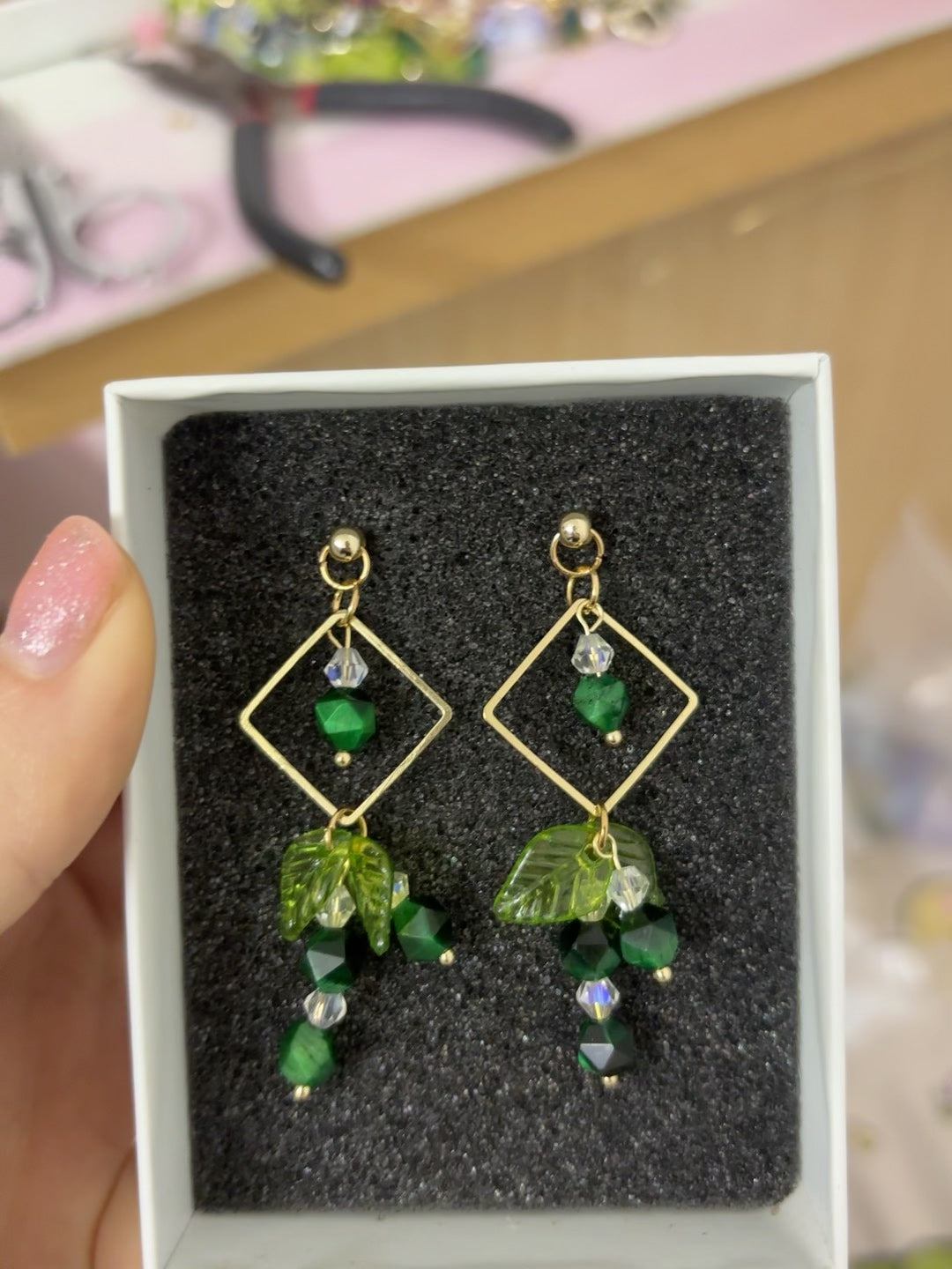 Green Crystal Geometric Dangle Earrings