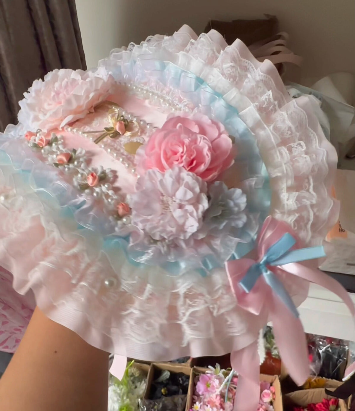 Blue Pink Lace Bonnet with Pearl Fringe