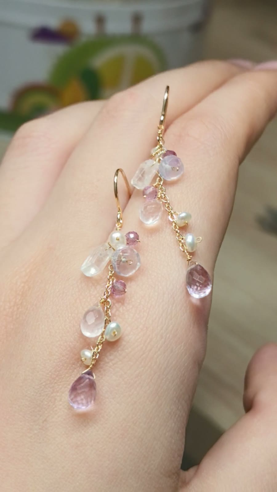 ムーンストーンパール ピンクジェムーン ドロップピアス