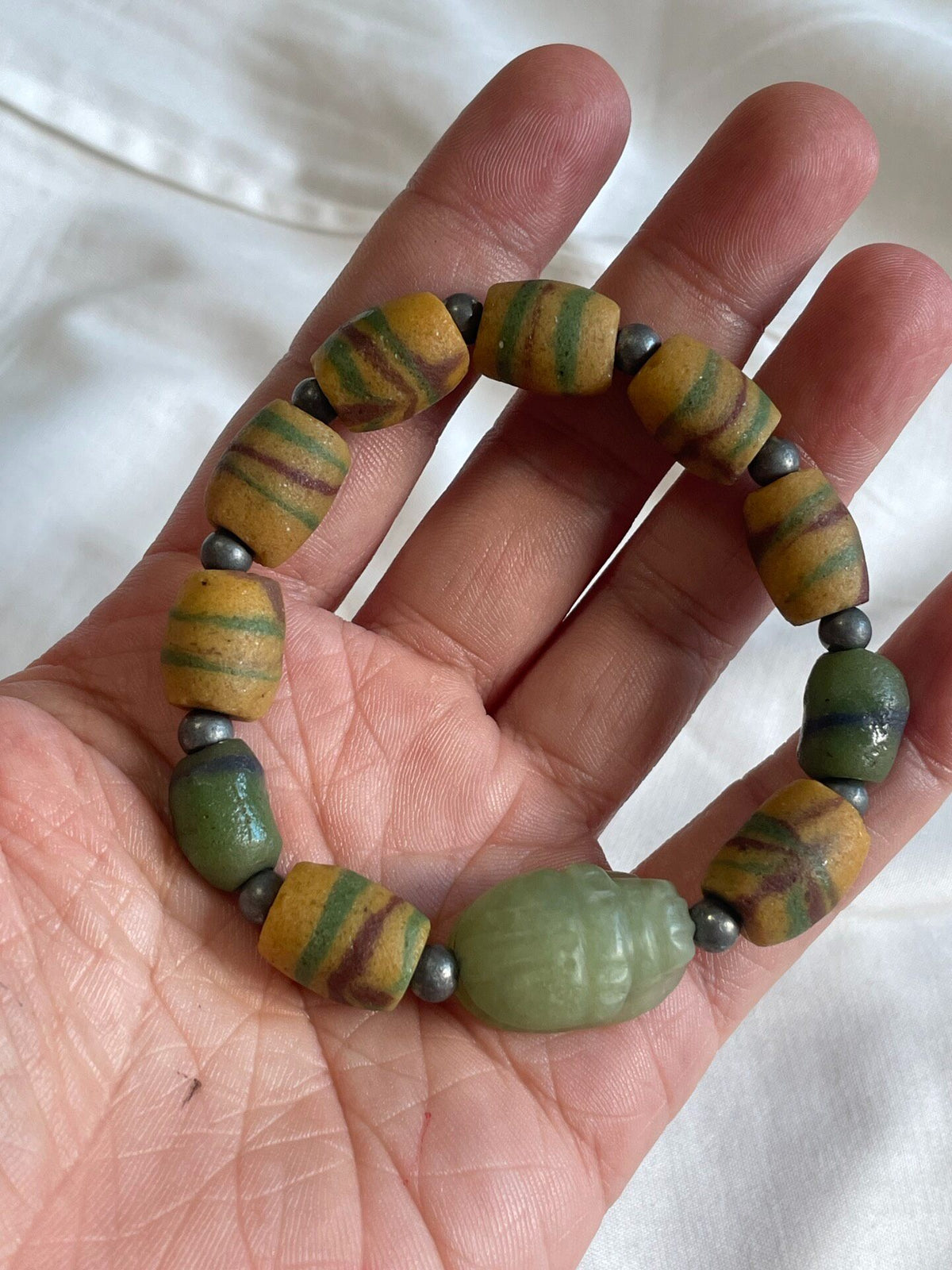 Beaded Bracelet with Carved Green Scarab Bead
