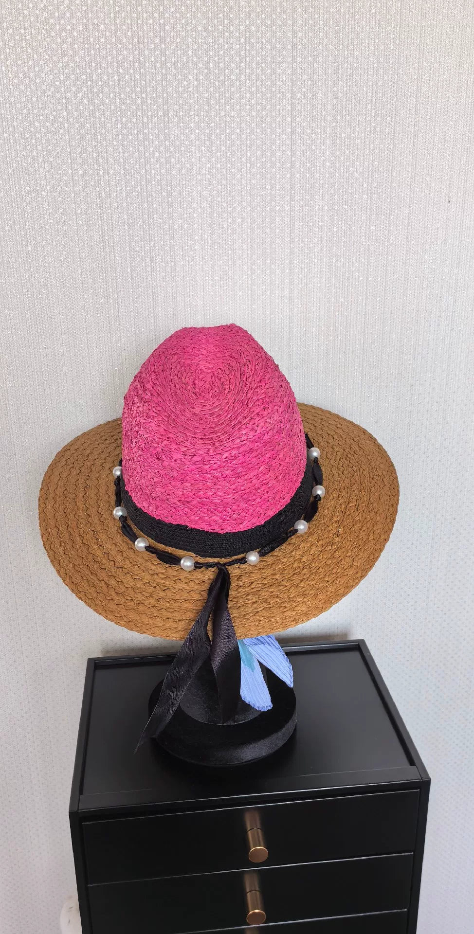Pearl Band Pink Raffia Straw Sun Hat