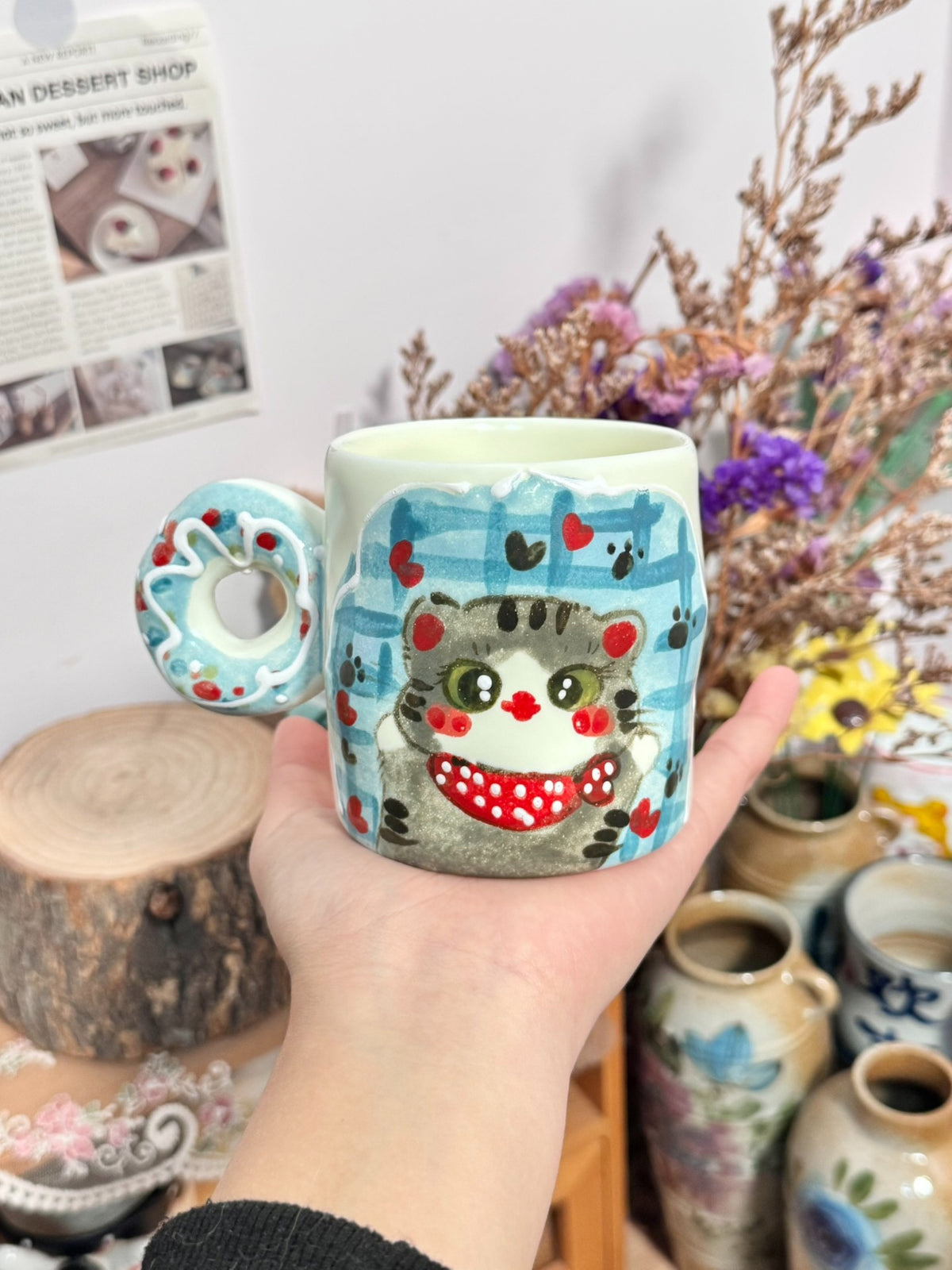 Handmade Ceramic Cat Mug Donut Handle