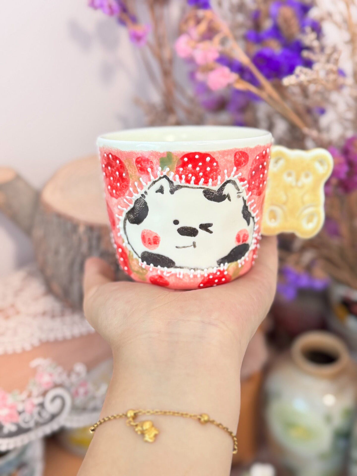 Handcrafted Ceramic Coffee Cup Strawberry Kitten Design