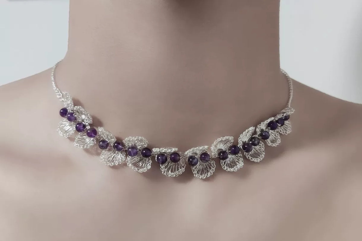 Handmade Wire Crochet Purple Crystal Petal Necklace