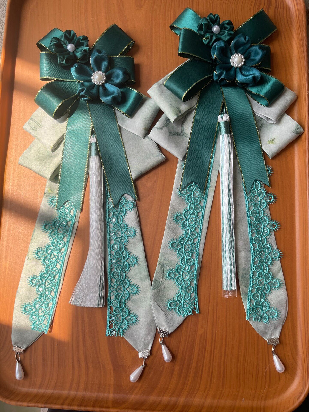 Green Bow Hair Clip with Tassel