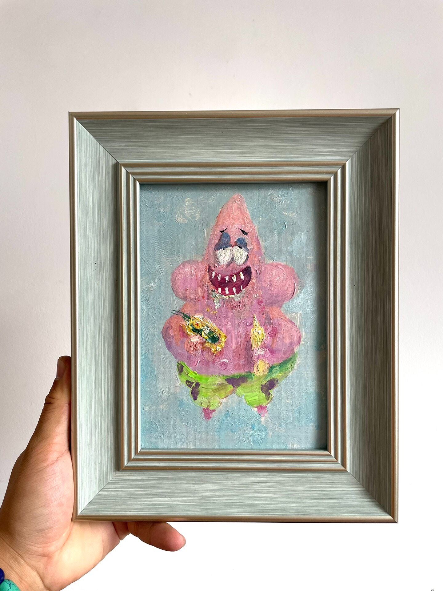 Hand-Painted Oil Starfish Artwork in Brushed Metal Frame