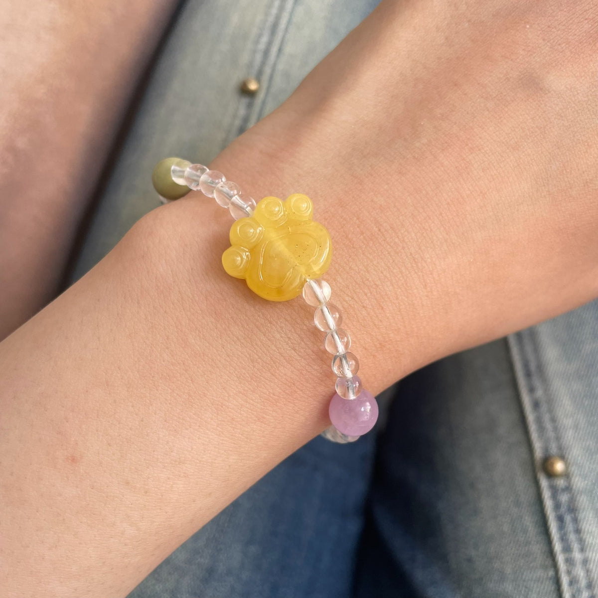 Honey Amber Bear Paw Clear Quartz Bracelet