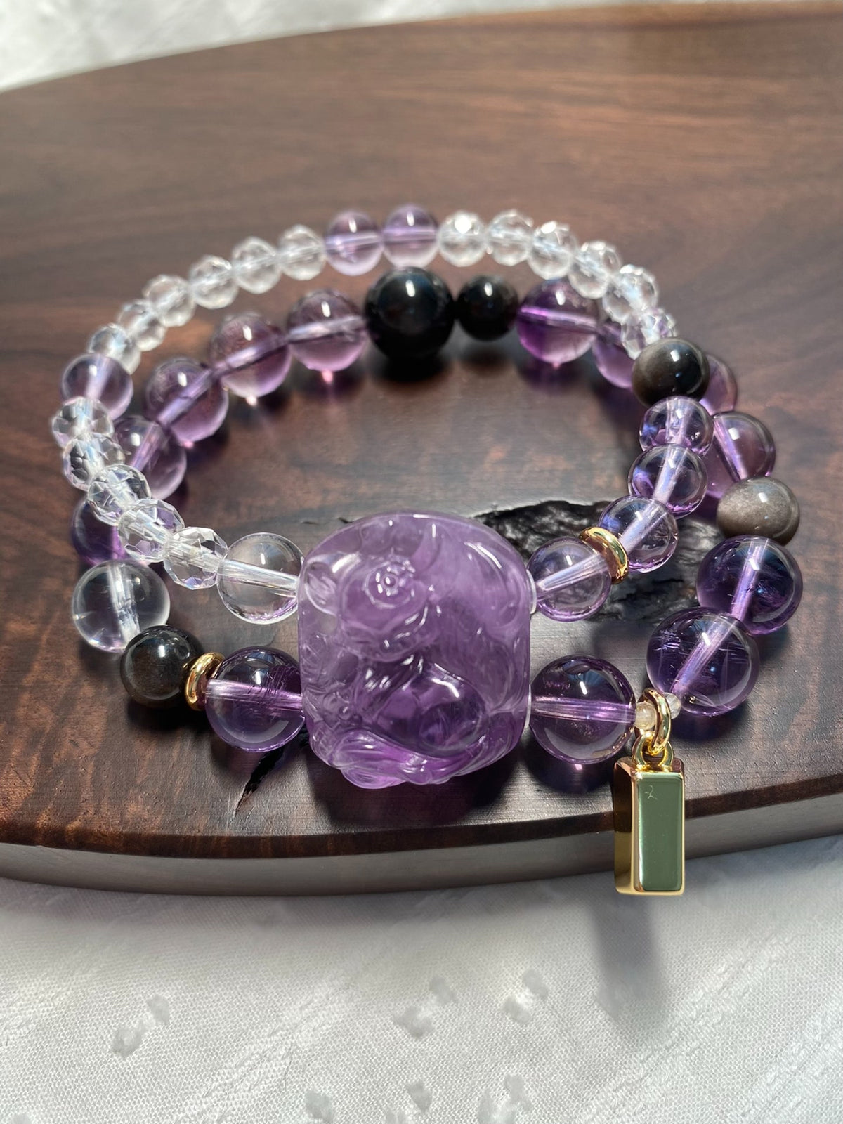 Amethyst Fox Charm Multi-Strand Beaded Bracelet