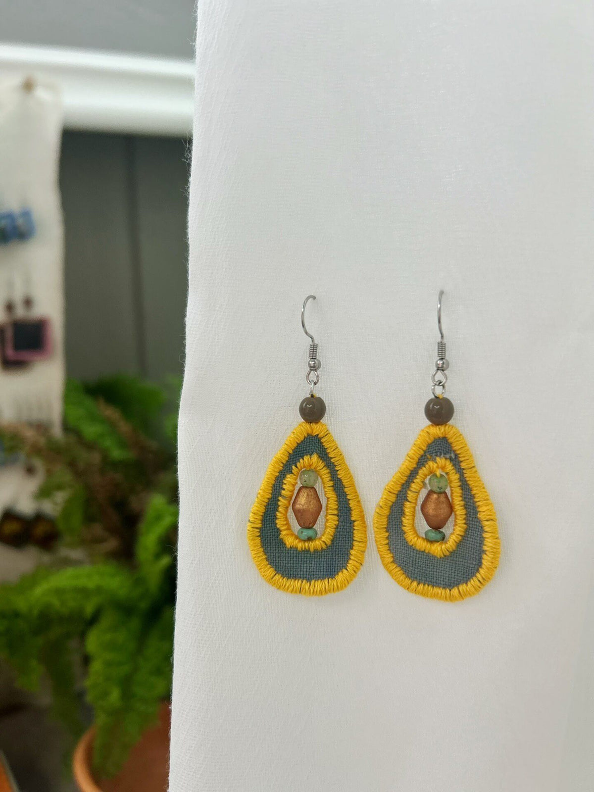 Handcrafted Fabric Teardrop Earrings with Beads