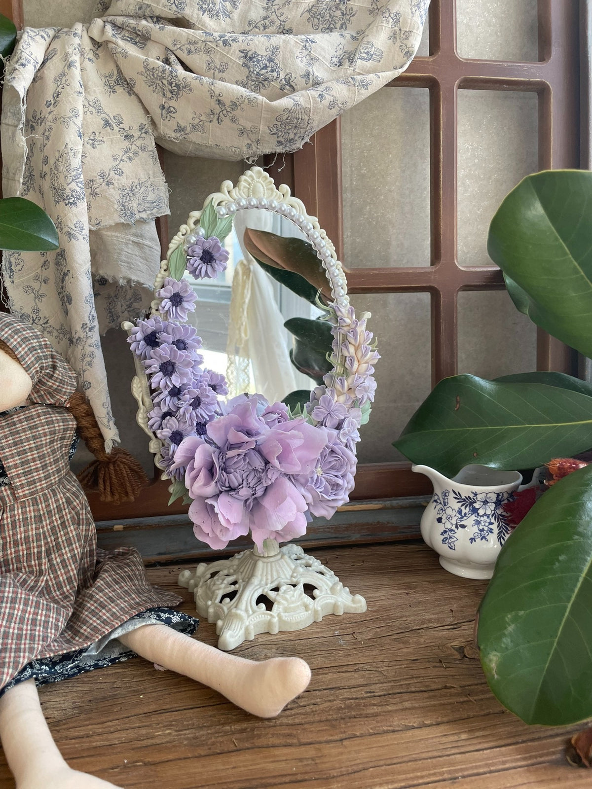 Clay Flower Decorated Oval Vanity Mirror
