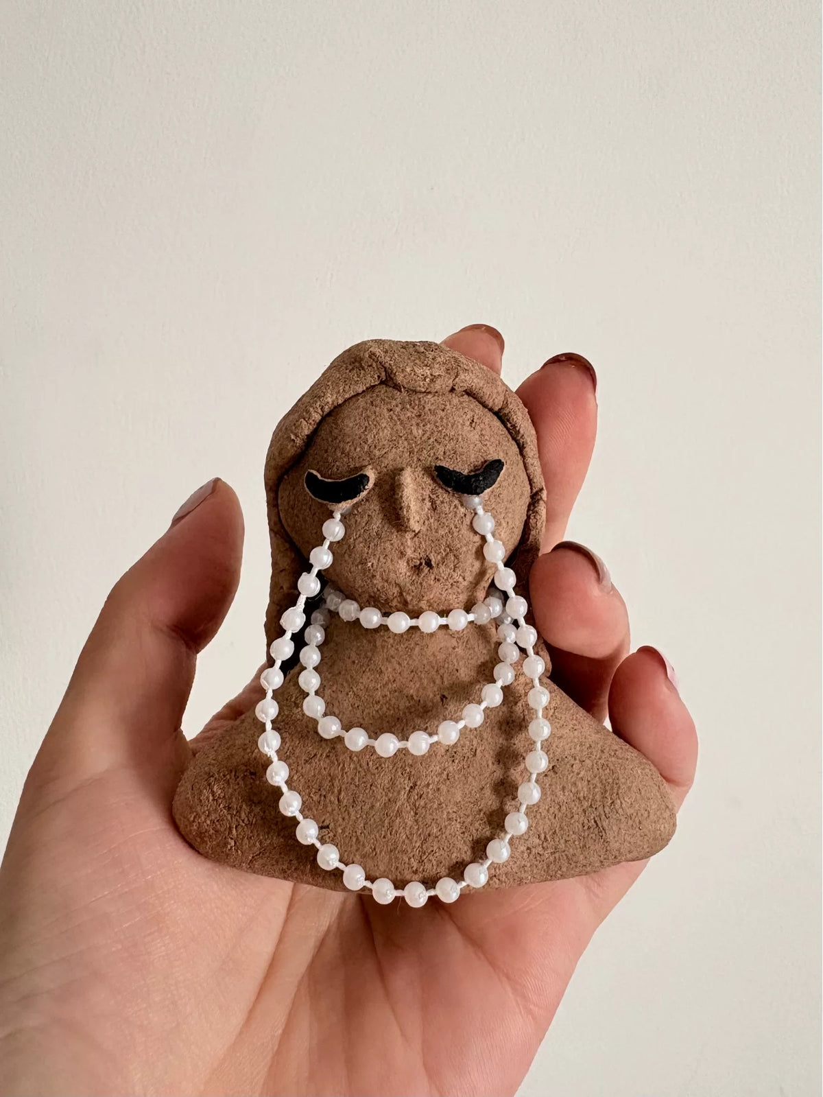 Handmade Textured Beige Figurine with Pearl Beads