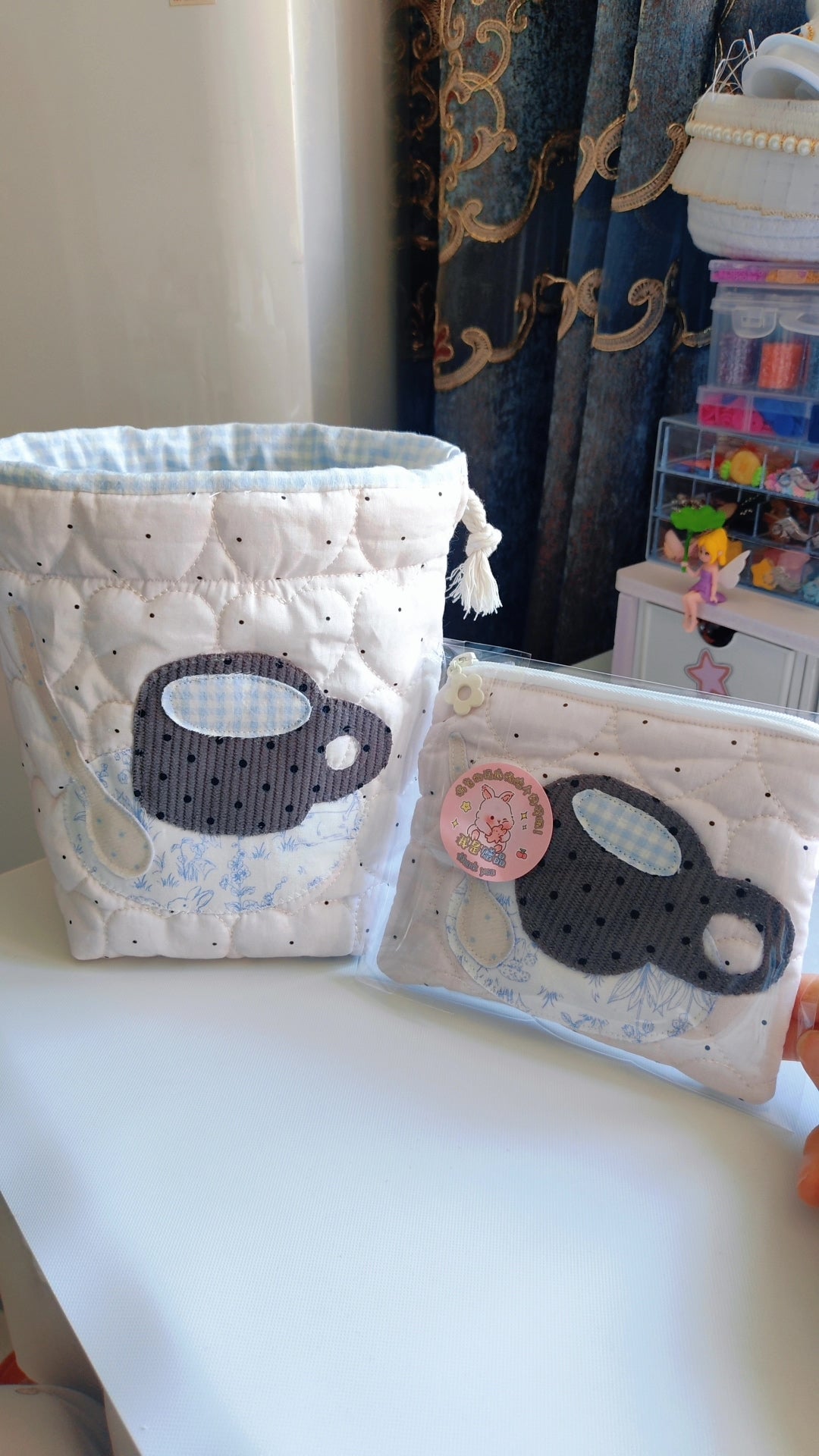 Quilted Drawstring Pouch with Coffee Cup Applique