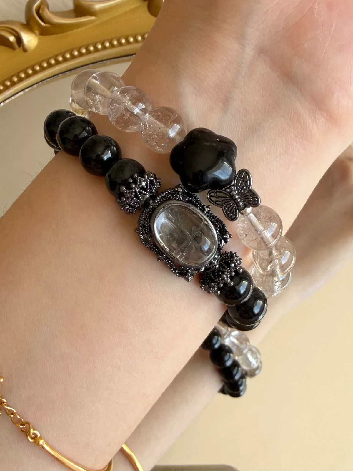 9mm Armband med klarkvarts och guldskimrande obsidian