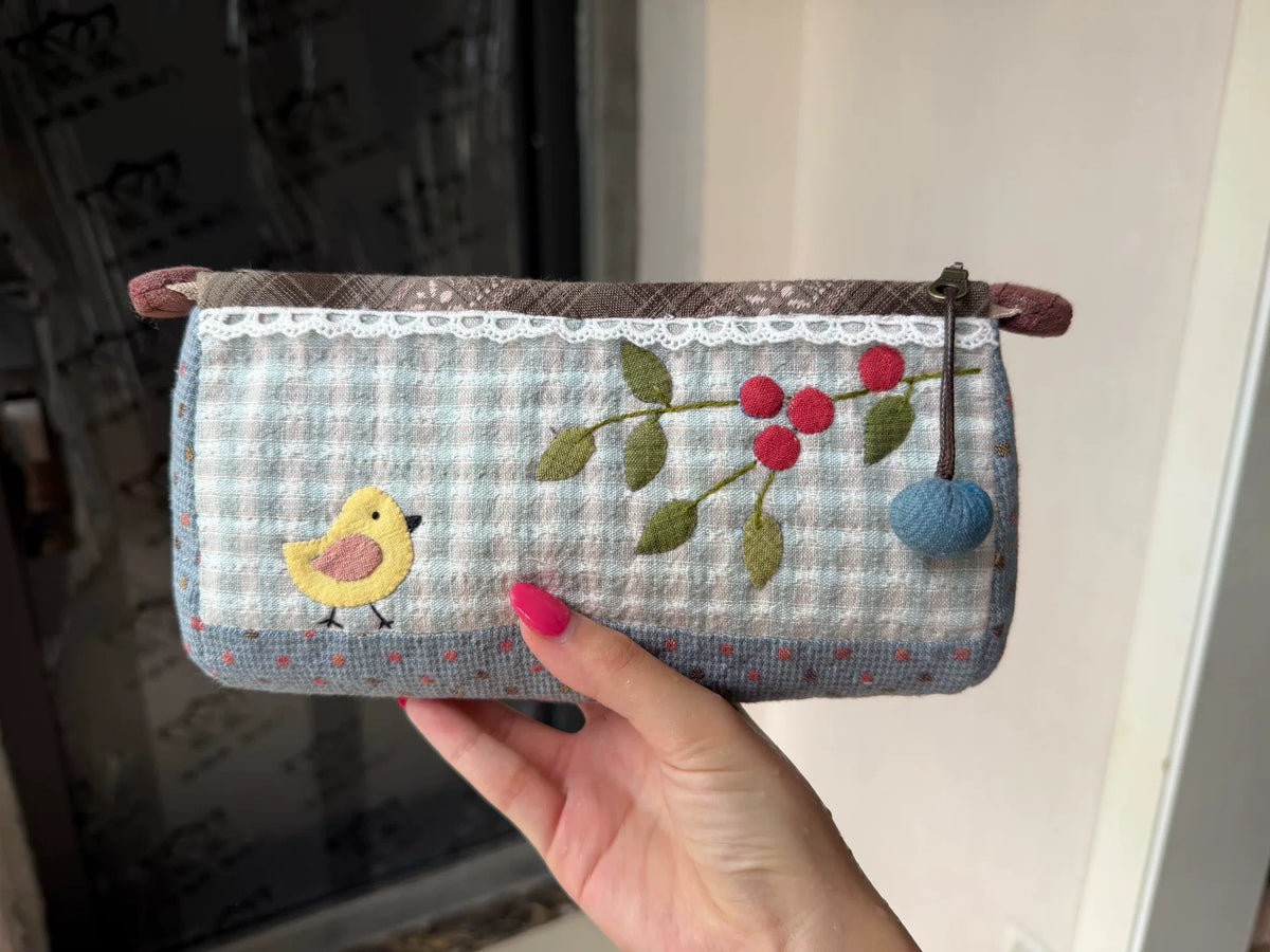 Handmade Gingham Fabric Pouch with Appliqué