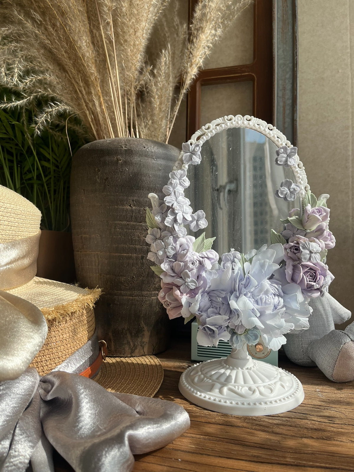 Clay Flower Decorative Tabletop Mirror